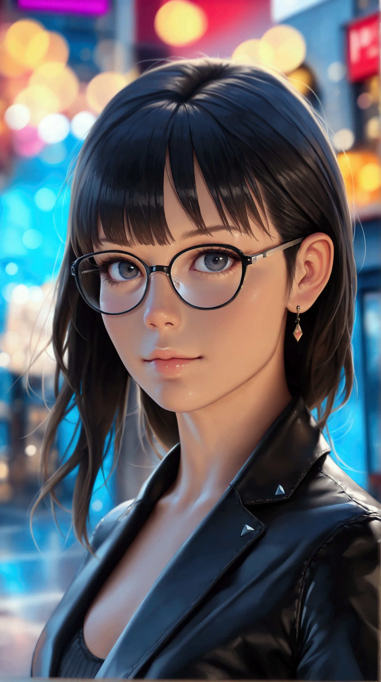 full body shot, 1girl, black hair, glasses, cyberpunk style, medium shot, beautiful detailed eyes, beautiful detailed lips, extremely detailed face, long eyelashes, solo, sexy appearance, cyberpunk business clothes, (best quality, 4k, 8k, highres, masterpiece:1.2), ultra-detailed, (realistic, photorealistic, photo-realistic:1.37), HDR, UHD, studio lighting, ultra-fine painting, sharp focus, extreme detail description, professional, vivid colors, bokeh