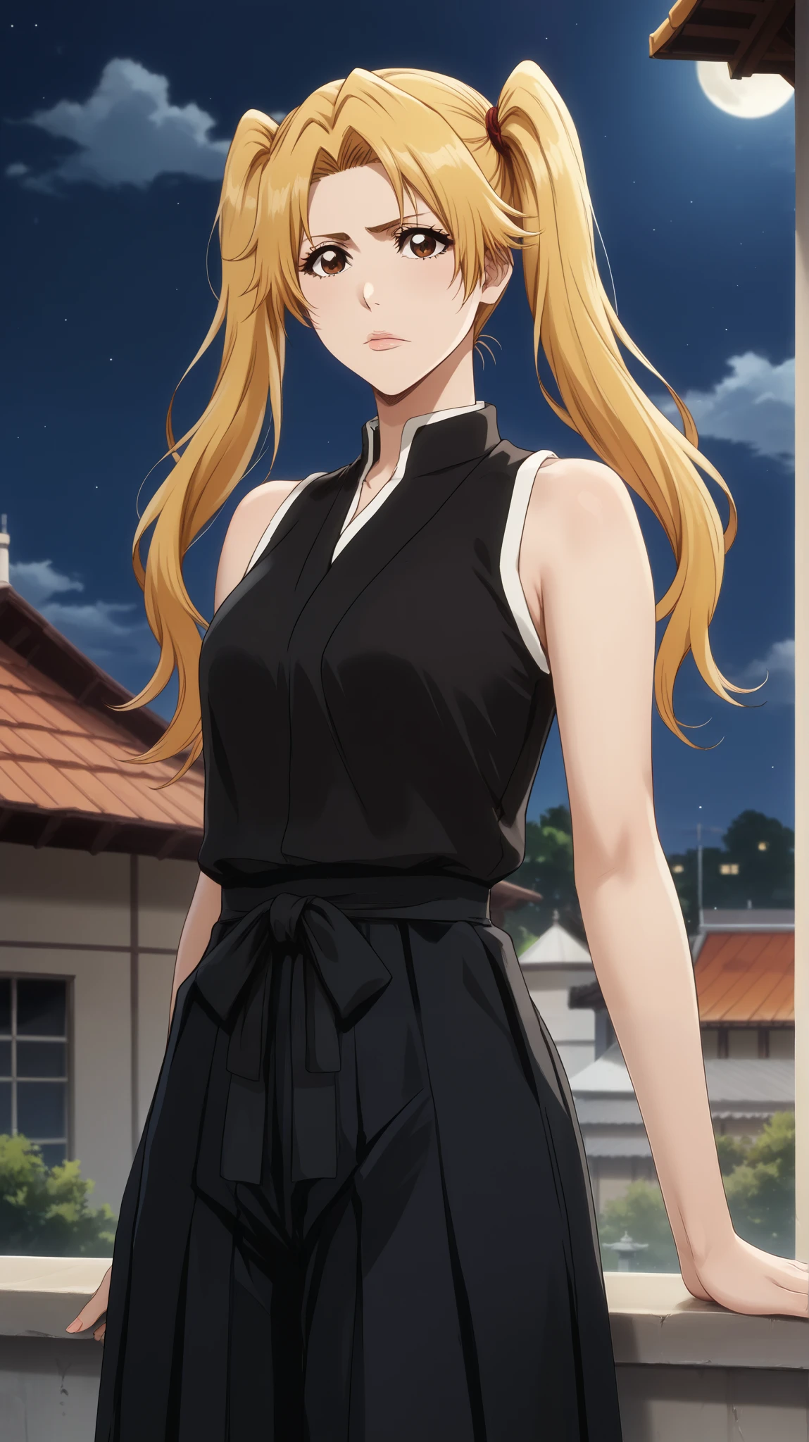 1 girl of fifteen years old  ,  young girl, One,   shinigami from the anime bleach  .
appearance:   brown eye  ,   long straight light yellow hair,   hairstyle with two ponytails made of blond hair,  tails behind the head  , black clothes шинигами, sensual lips,  closed mouth  ,  blond hair  ((black kosode  ,   sleeveless black hakama  , black clothes синигами, sleeveless)) black clothes,   black clothes  , black clothes синигами, (((  black clothes  ))) 
  standing on the roof of a tall building  ,   tall white house orange tile roof ,   girl standing on the roof of a tall house , orange tile roof , Night, moon, большая жëлтая moon за спиной девушки,   hair develops in the wind , white haori is draped over my shoulders
