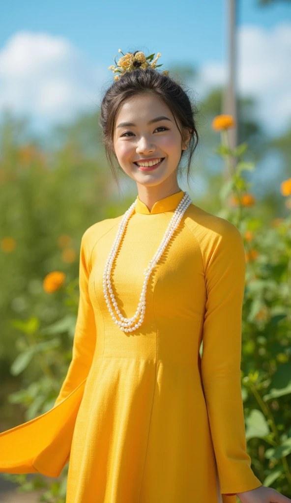 masterpiece, high res, high quality, photo real, 1 japanese girl ,super mode, roughly hair up, big ear accessories, big smile, wear golden silky vietnamese traditional long sleeve  ao dai, over ao dai wear big pearl neckless, dynamic standing pose,  background beautiful garden blue sky, natural light, full body shot, DOF:1.4.