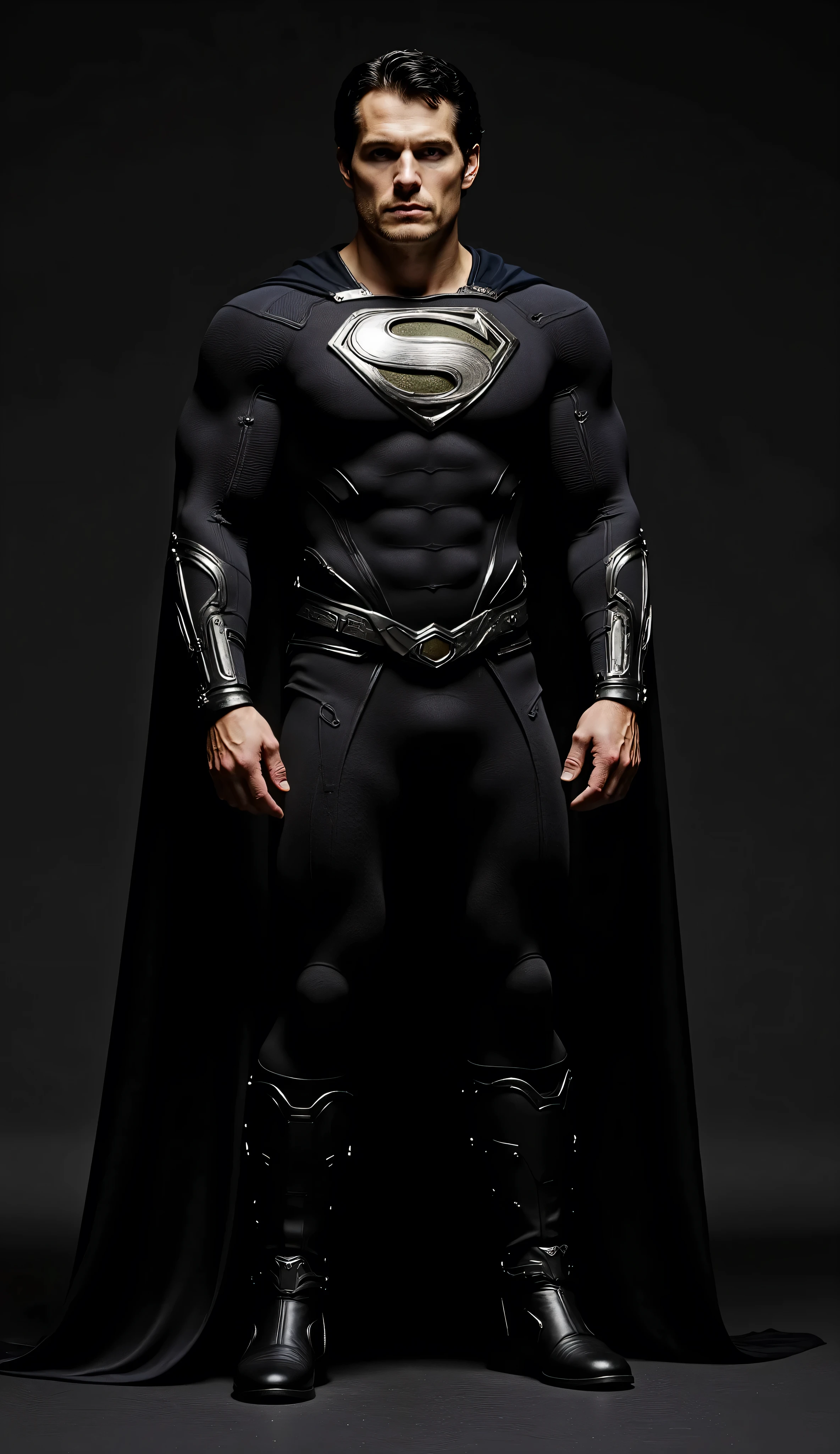 Superman is standing with his venomous snake emblem symbol that is attached on his logo and black theme on his chest, his costume is a black.
