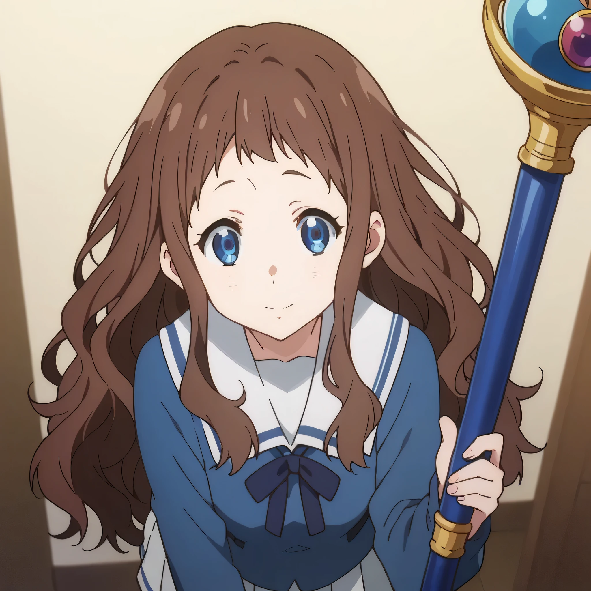 score_9, score_8_up, score_7_up, source_anime,
aishindou, ai shindou, long hair, blue eyes, brown hair, wavy hair,
skirt, long sleeves, mage outfits, blue cape, magic scepter, pleated skirt, sailor collar,
indoors, bent over, smile,
looking at viewer, cowboy shot, dutch angle, solo,