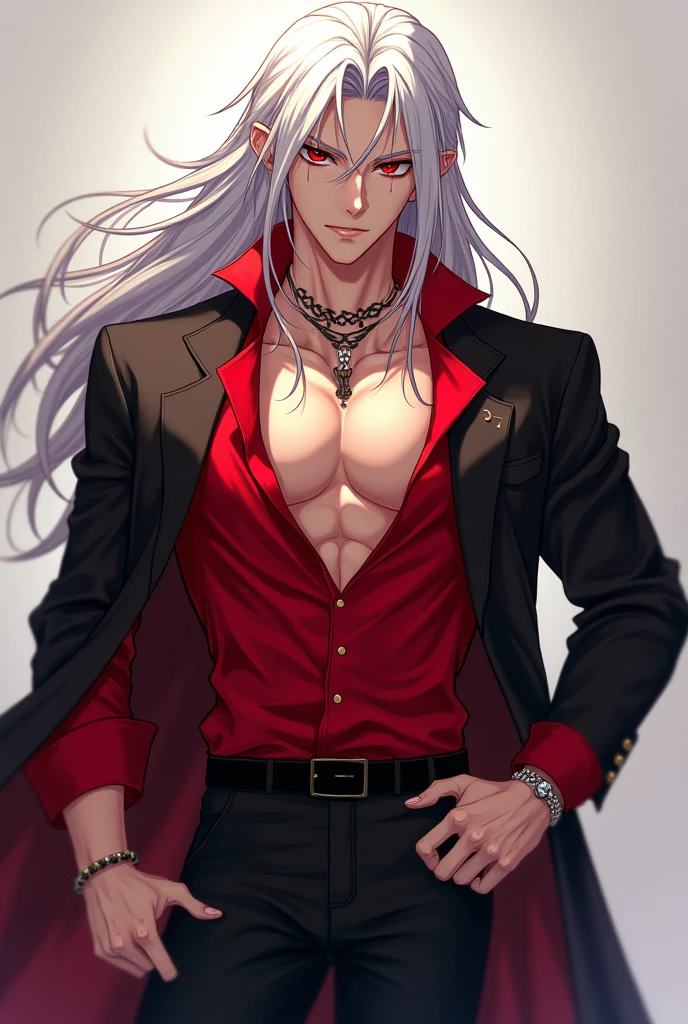(8k,shipmentsrrealista　shipments　Maximum quality;1.4) (1 young boy) Super handsome king of the underworld　(lifelike face) 　(long white hair with pink tips, bright white floral hair)　slenderbody　Muscular and hairy and macho　Shiny black polka dot floral aristocratic outfit with big golden eyes　Bright purple and red floral decoration　Fangs peeking out of the mouth　Pointed claws　a seductive gaze　Beautiful expression　A hyper-realistic　(King of the Underworld)　appealing　(real looking skin)　super high resolution　high détail　Luxury black polka dot floral pants　floral aura of purples and reds emanating from the body　effect　 black polka dot floral transparent cover 