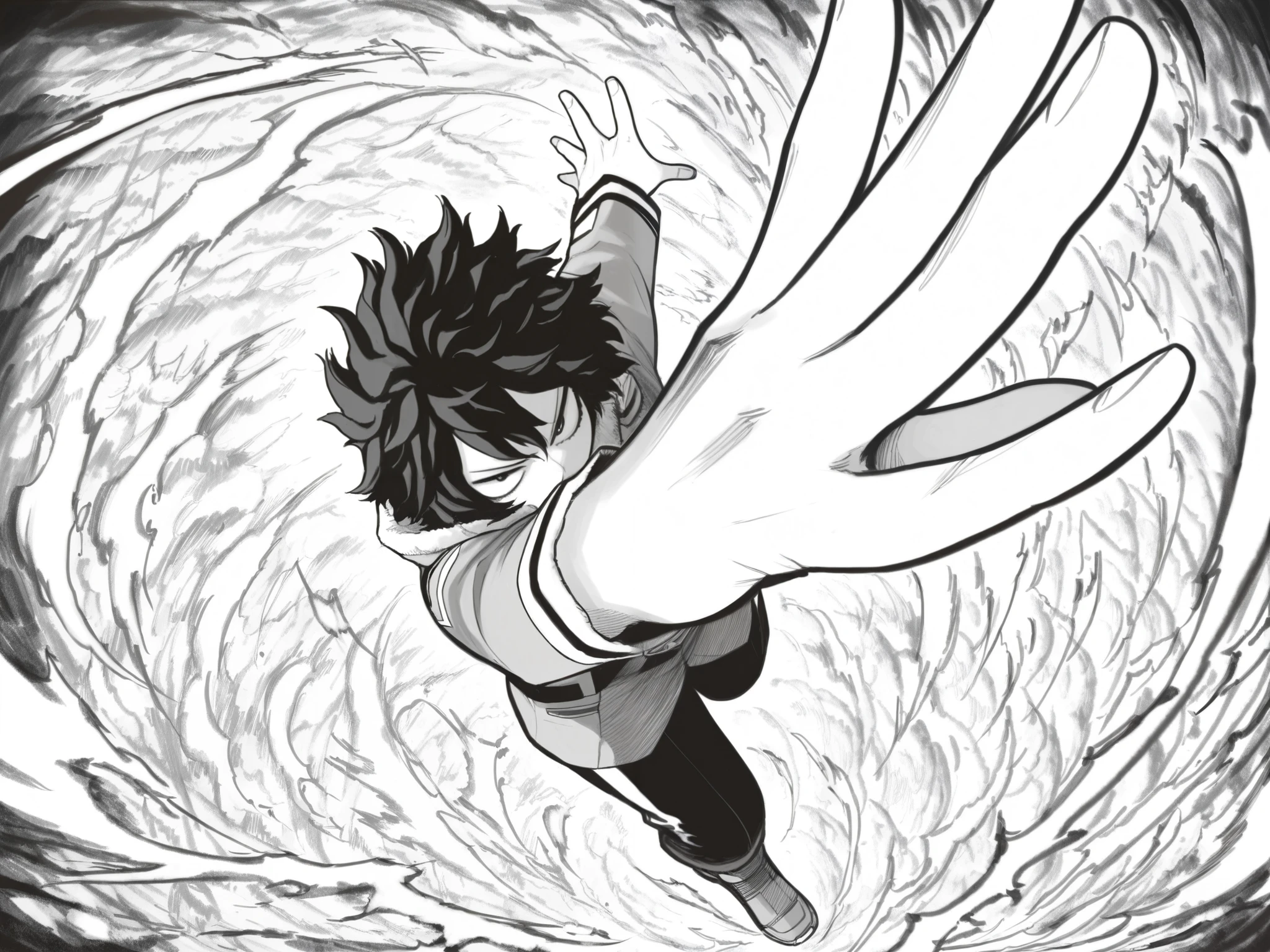 score_9, score_8_up, score_7_up, score_6_up, score_5_up, score_4_up, Kohei Horikoshi, My Hero Academia
BREAK
(masterpiece: 1.0), best quality, monochrome, greyscale, crosshatching, directional hatching, gradients in shading,, 
BREAK
1girl, Asian, hime cut, dynamic pose, foreshortening, hero outfit, high angle, black hair, 
