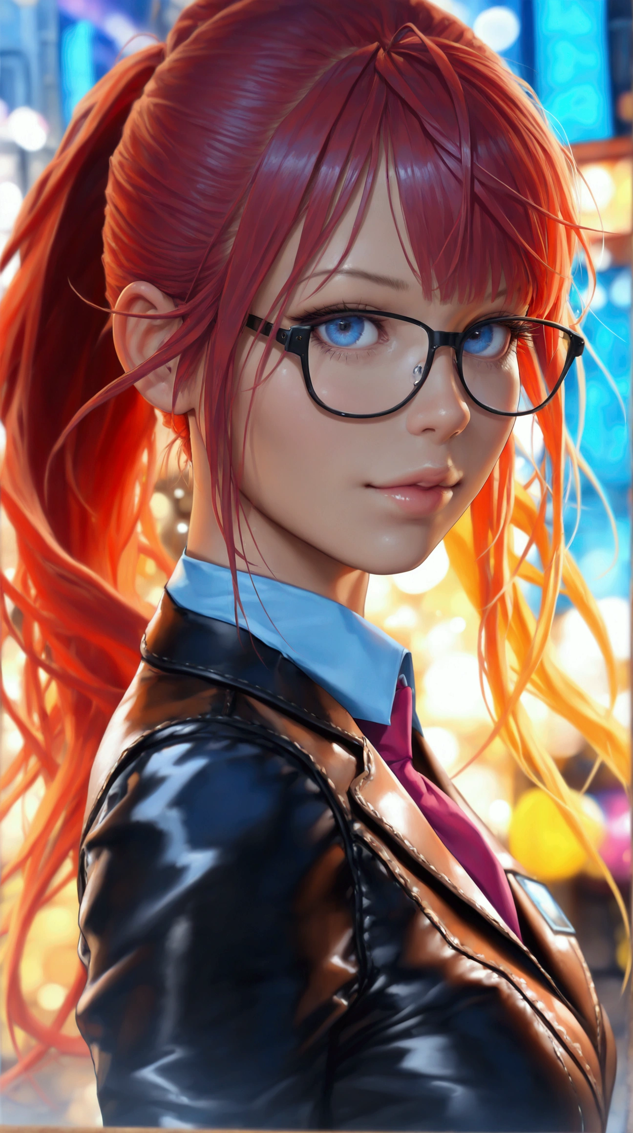 full body shot, 1girl, crazy colorfull hair, glasses, cyberpunk style, beautiful detailed eyes, beautiful detailed lips, extremely detailed face, long eyelashes, solo, sexy appearance, cyberpunk business clothes, (best quality, 4k, 8k, highres, masterpiece:1.2), ultra-detailed, (realistic, photorealistic, photo-realistic:1.37), HDR, UHD, studio lighting, ultra-fine painting, sharp focus, extreme detail description, professional, vivid colors, bokeh