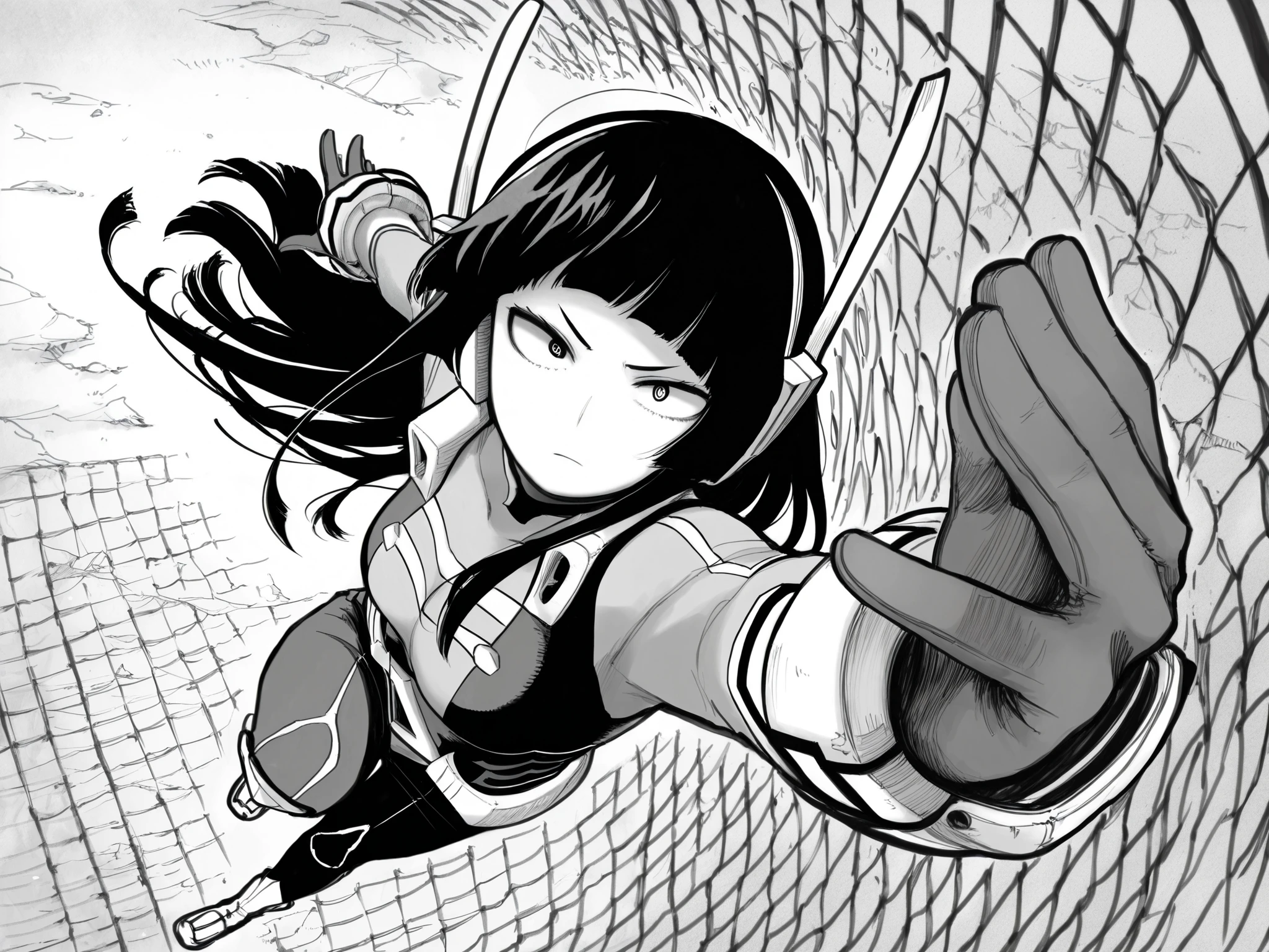 score_9, score_8_up, score_7_up, score_6_up, score_5_up, score_4_up, Kohei Horikoshi, My Hero Academia
BREAK
(masterpiece: 1.0), best quality, monochrome, greyscale, crosshatching, directional hatching, gradients in shading, perfection, highly detailed hatching /texture/,
BREAK
1girl, Asian, hime cut, dynamic pose, foreshortening, hero outfit, high angle, black hair,