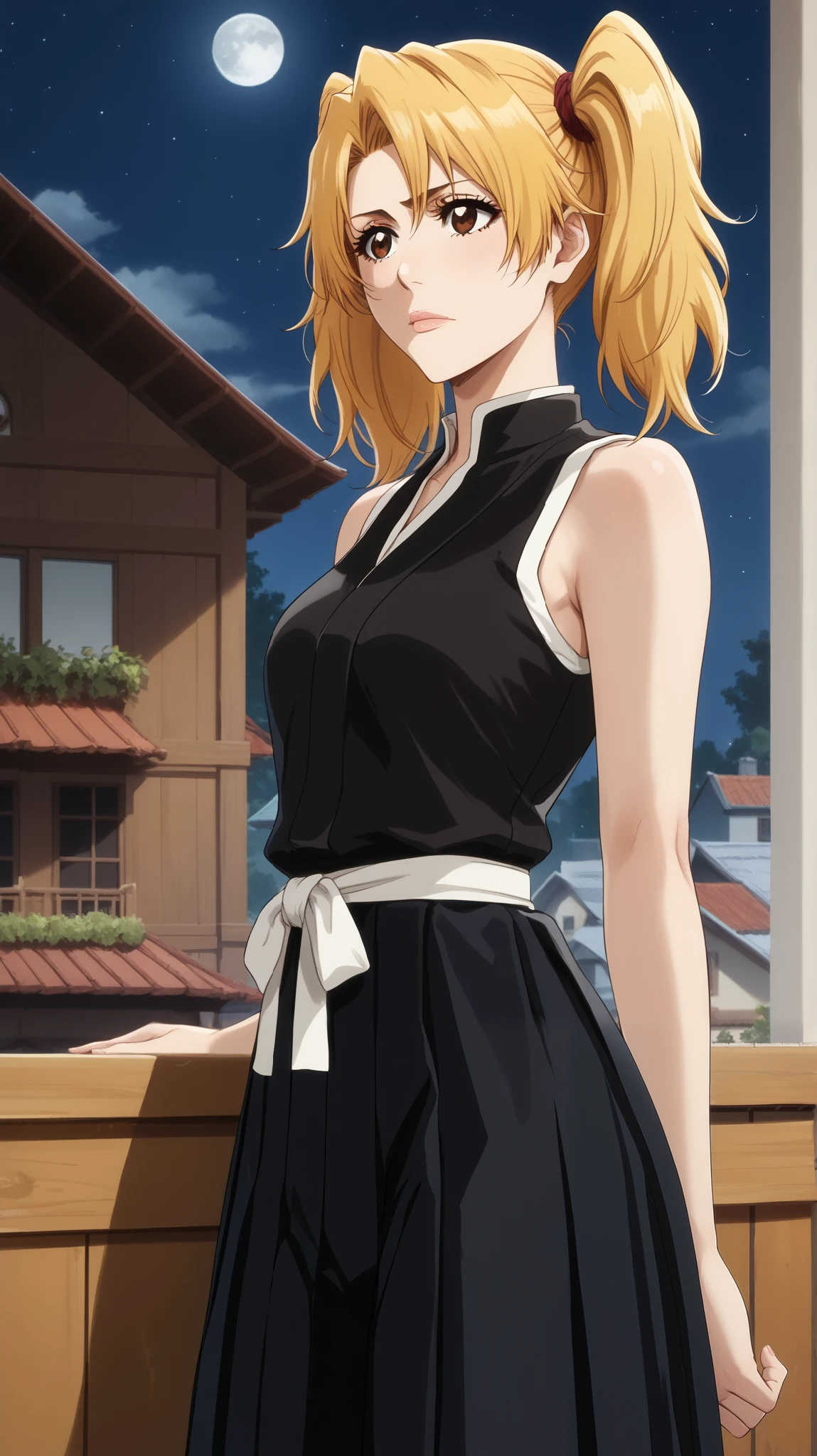 1 girl of fifteen years old  ,  young girl, One,   shinigami from the anime bleach  .
appearance:   brown eye  ,   long straight light yellow hair,   hairstyle with two blonde hair ponytails ,  tails behind the head  , black clothes шинигами, sensual lips,  closed mouth  ,  blond hair  ((black kosode  ,   sleeveless black hakama  , black clothes синигами, sleeveless)) black clothes,   black clothes  , black clothes синигами, (((  black clothes  ))) 
  standing on the roof of a tall building  ,   tall white house orange tile roof ,   girl standing on the roof of a tall house , orange tile roof , Night, moon, большая жëлтая moon за спиной девушки,   hair develops in the wind , white haori is draped over my shoulders
