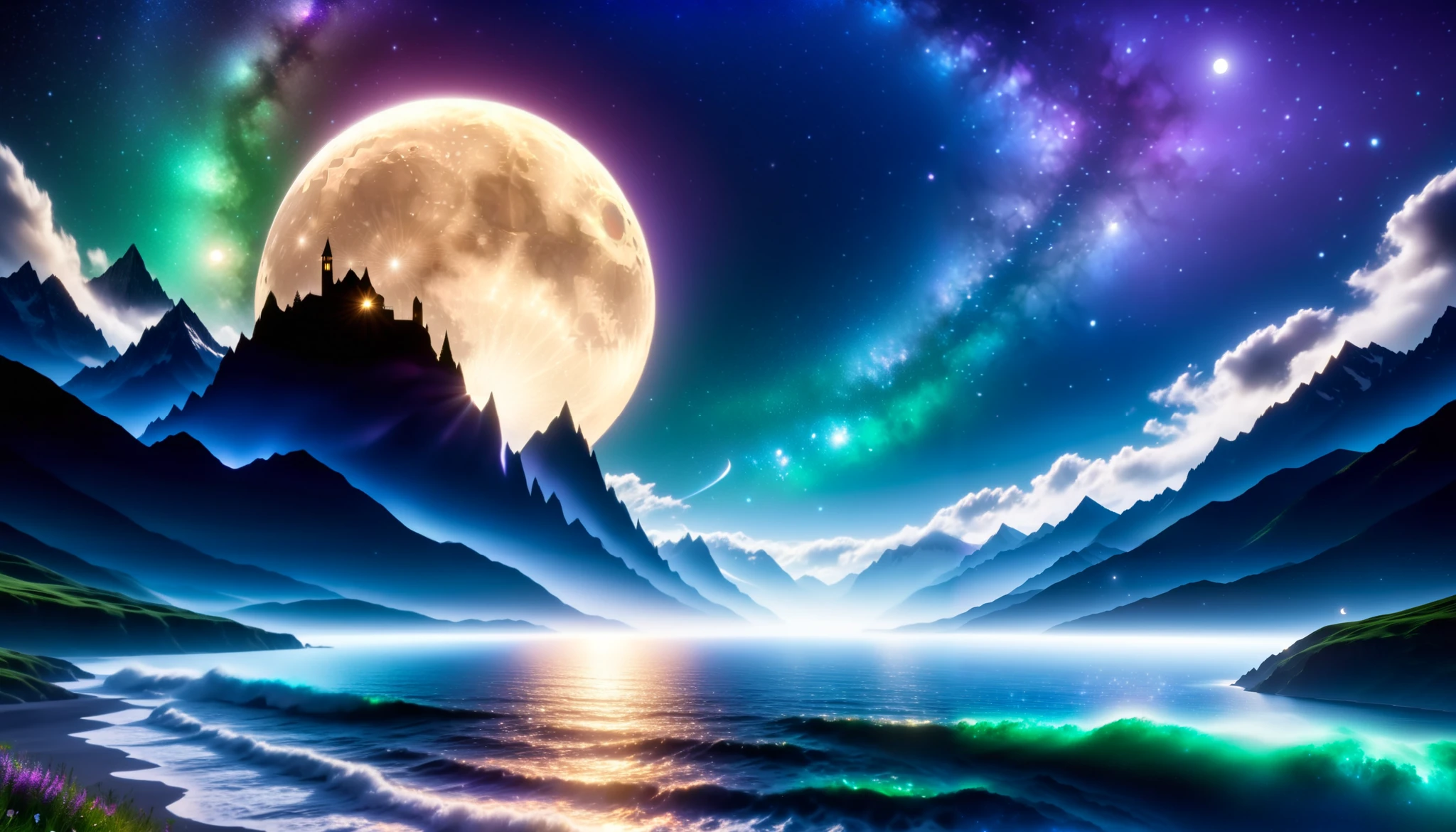 (greenく光る巨大な月), super high image quality, high definition , High Quality ,Detailed Scenery ,Night Sky,（Milky Way Galaxy）,The Alps,The giant moon and stars moving to the lake々, Beautiful Artistic Illustrations, Ultramarine, green,  Purple , black, Majestic Atmosphere,Mystical Moon,