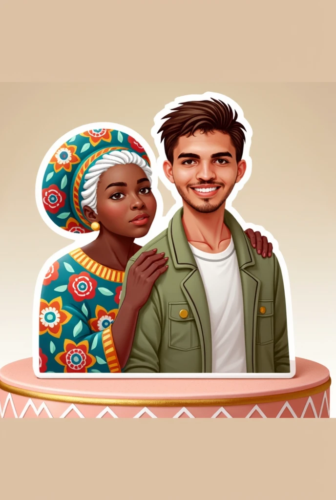 drawing of a cake, with a young couple with a slight smile where the woman is white with straight black hair and the man is black with curly black hair, as if it were a cartoon, the boy can't have a beard and the girl wearing grey hijab. the drawing has to be animated but a little realistic, the couple has to be leaning against each other and holding the cake smiling, nothing too childish. the couple has to look like they are . the boy's hair is curly and defined, while the girl has bangs with happy facial expressions but not too much, just a slight smile 
