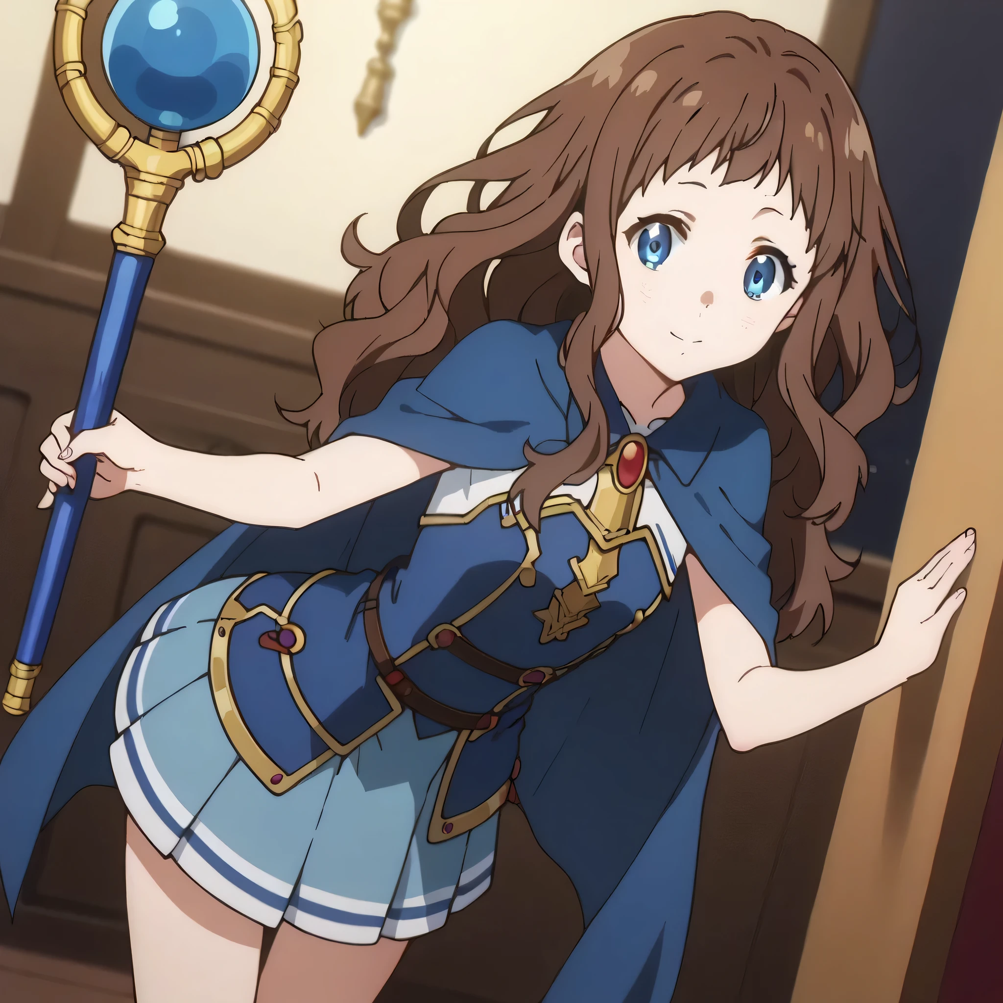 score_9, score_8_up, score_7_up, source_anime,
arche, ai shindou, long hair, blue eyes, brown hair, wavy hair,
skirt, magician dress, mage outfits, blue cape, magic scepter, pleated skirt, leather armor ,
indoors, bent over, smile,
looking at viewer, cowboy shot, dutch angle, solo,