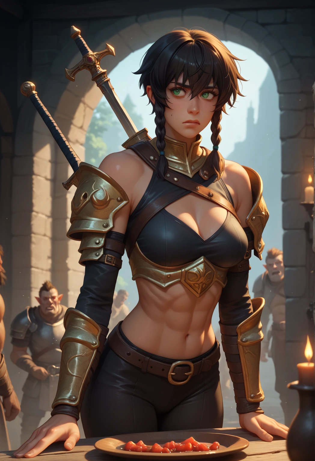 a strong and svelte human woman of about 23 years of age with black skin and with face resembling Motoko Kusanagi with a short assymetric hair cut with a small braid on a side and green eyes, wearing a light golden and blue chest thin plate armor with clothing pieces like tight trouser, a longsword in her hand, slightly above average sized breasts and ass, exploring an orc dungeon, sneaking, (((correct anatomy)))