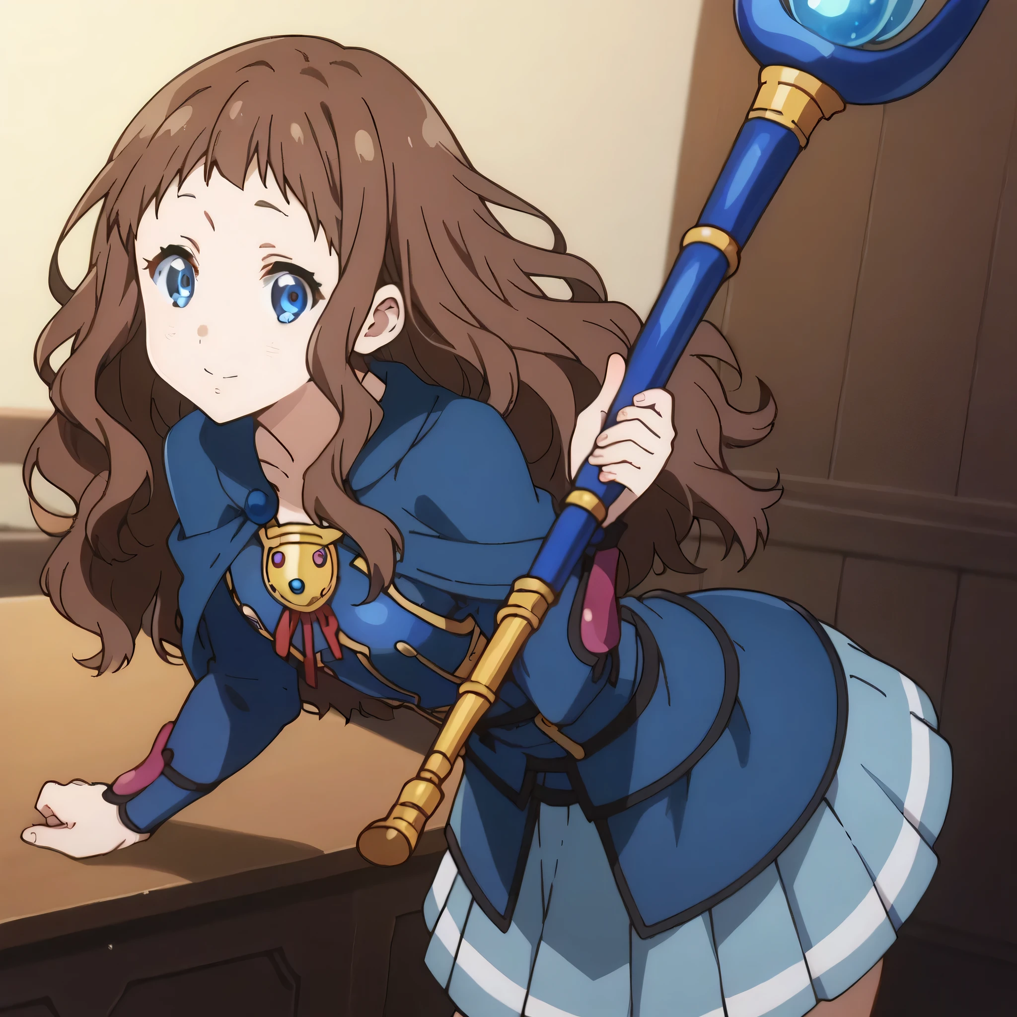 score_9, score_8_up, score_7_up, source_anime,
arche, ai shindou, long hair, blue eyes, brown hair, wavy hair,
skirt, magician dress, mage outfits, blue cape, magic scepter, pleated skirt, leather armor ,
indoors, bent over, smile,
looking at viewer, cowboy shot, dutch angle, solo,