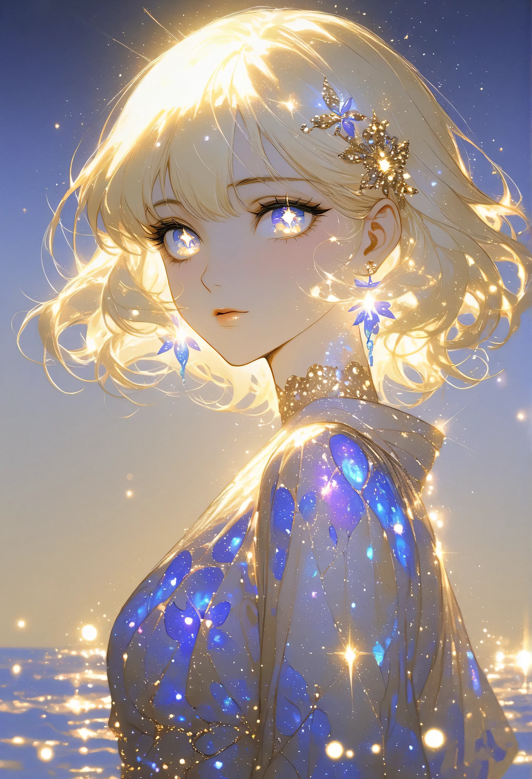  1980s anime style , Gold Theme, Sparkling,  golden light cascading down like a waterfall, Glowing particles, (masterpiece, best quality, high resolution, 8k, 16k, detailed), A captivating and elegant beautiful woman with almond-shaped eyes and delicate lips, wearing a vibrant, richly patterned silk kimono. Her hair is intricately styled with ornate kanzashi hairpins, exuding grace and sophistication. A large, detailed snake gracefully coils around her body, its scales shimmering subtly. The background is a simple yet refined gradient of deep purple, enhancing the woman's beauty and allure. Add a Japanese traditional chiyogami pattern to the background, featuring delicate and intricate motifs like waves, flowers, or geometric designs. The chiyogami pattern subtly blends with the purple gradient, providing a harmonious cultural aesthetic. Enhance the purple gradient background with subtle neon accents in vibrant colors such as pink, blue, and green, creating a modern and dynamic contrast. The neon colors should glow softly, harmoniously blending with the traditional Japanese chiyogami pattern, adding a contemporary flair. A bright, glowing neon sign that reads "Happy New Year 2025!" is prominently featured in the scene. 