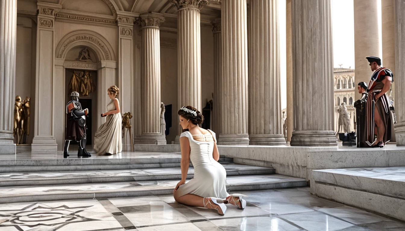 Create a hyper-realistic image of a Roman imperial lobby featuring a male model in his 40s and a female model in her 20s. Both models are unclothed, styled with hair resembling Roman statues. The male model stands confidently with a muscular physique, one hand resting gently on the kneeling female model's head. The female model gazes upwards while placing one hand near the male model's lower body. The scene is set in a grand Roman imperial lobby with marble floors, towering pillars, and intricate classical details. The lighting is bright and dramatic, emphasizing realism and the artistic elegance of the composition. The mood conveys a historical yet powerful tone, inspired by classical art but brought to life with real human models.