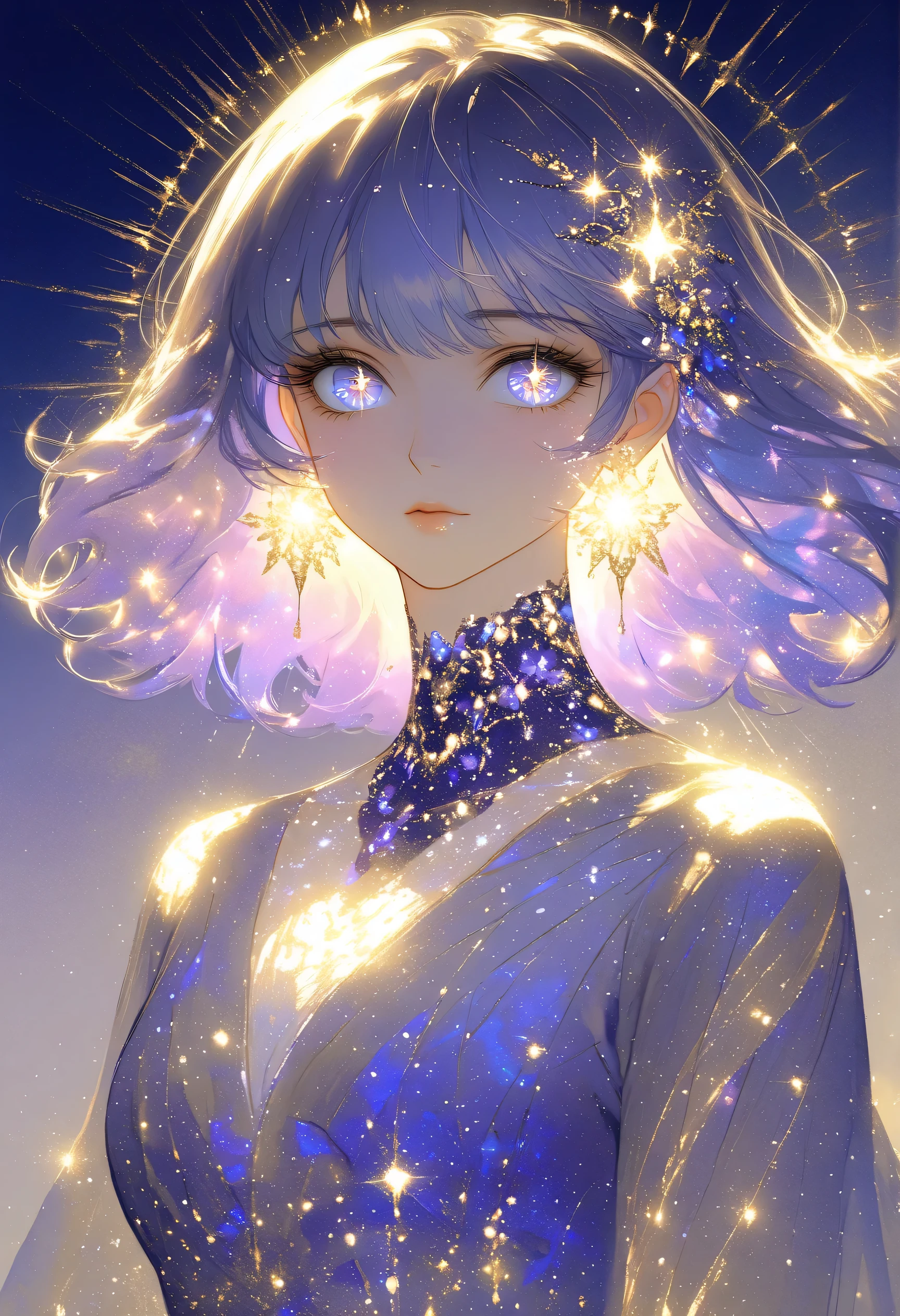 1980s anime style , Gold Theme, Sparkling, golden light cascading down like a waterfall, Glowing particles, (masterpiece, best quality, high resolution, 8k, 16k, detailed), A captivating and elegant beautiful woman with almond-shaped eyes and delicate lips, wearing a vibrant, richly patterned silk kimono. Her hair is intricately styled with ornate kanzashi hairpins, exuding grace and sophistication. A large, detailed snake gracefully coils around her body, its scales shimmering subtly. The background is a simple yet refined gradient of deep purple, enhancing the woman's beauty and allure. Add a Japanese traditional chiyogami pattern to the background, featuring delicate and intricate motifs like waves, flowers, or geometric designs. The chiyogami pattern subtly blends with the purple gradient, providing a harmonious cultural aesthetic. Enhance the purple gradient background with subtle neon accents in vibrant colors such as pink, blue, and green, creating a modern and dynamic contrast. The neon colors should glow softly, harmoniously blending with the traditional Japanese chiyogami pattern, adding a contemporary flair. A bright, glowing neon sign that reads "Happy New Year 2025!" is prominently featured in the scene.