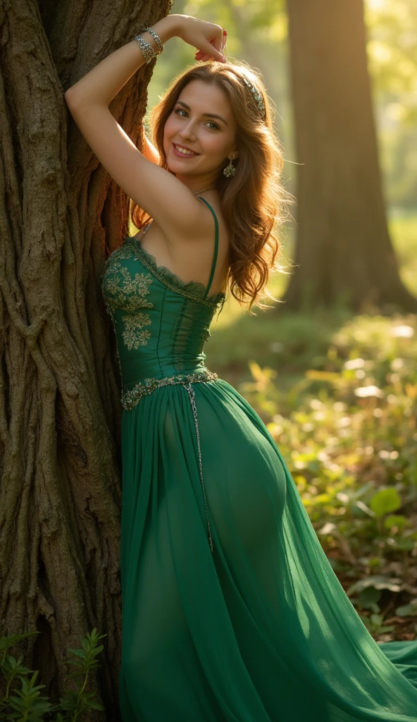 Beautiful 22-year-old woman, hourglass figure, long wavy chestnut brown hair with golden highlights, fair skin glowing softly under dappled sunlight, and enchanting emerald green eyes. Wearing an ethereal, floor-length, sheer emerald green gown with delicate floral embroidery and a fitted corset-style bodice, the skirt flowing like a whisper around her feet. Accessories include a delicate silver circlet adorned with tiny emeralds, silver vine earrings, and a matching silver bracelet. Barefoot, her feet caressing the soft moss-covered ground. Set in a magical forest with towering trees, vibrant green foliage, and golden rays of sunlight streaming through the canopy. Leaning against a gnarled tree, her body slightly curved, her left arm resting above her head on the trunk, and her right hand lightly touching her collarbone. She looks at the camera with a soft, inviting smile, her gown catching the light in gentle, shimmering folds.