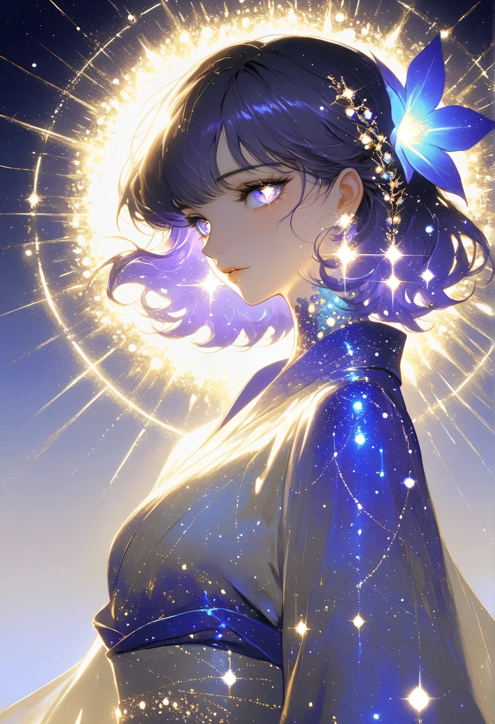 1980s anime style , Gold Theme, Sparkling, golden light cascading down like a waterfall, Glowing particles, (masterpiece, best quality, high resolution, 8k, 16k, detailed), A captivating and elegant beautiful woman with almond-shaped eyes and delicate lips, wearing a vibrant, richly patterned silk kimono. Her hair is intricately styled with ornate kanzashi hairpins, exuding grace and sophistication. A large, detailed snake gracefully coils around her body, its scales shimmering subtly. The background is a simple yet refined gradient of deep purple, enhancing the woman's beauty and allure. Add a Japanese traditional chiyogami pattern to the background, featuring delicate and intricate motifs like waves, flowers, or geometric designs. The chiyogami pattern subtly blends with the purple gradient, providing a harmonious cultural aesthetic. Enhance the purple gradient background with subtle neon accents in vibrant colors such as pink, blue, and green, creating a modern and dynamic contrast. The neon colors should glow softly, harmoniously blending with the traditional Japanese chiyogami pattern, adding a contemporary flair. A bright, glowing neon sign that reads "Happy New Year 2025!" is prominently featured in the scene.
