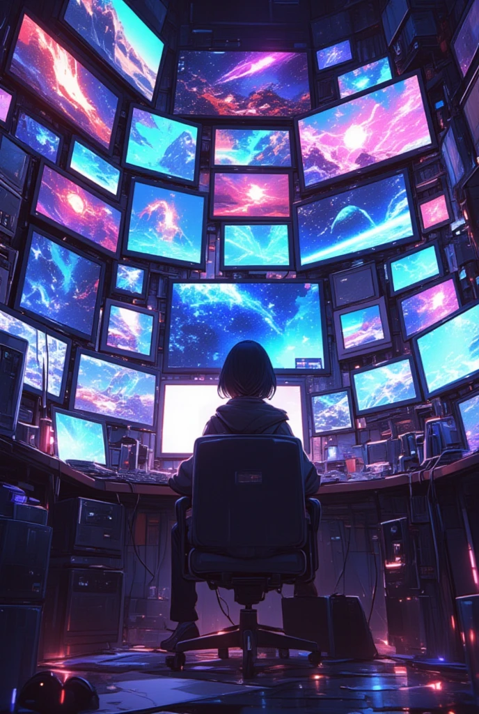  Woman Sitting on a Chair in Her Room Full of Monitors on the Wall , Her Teenage Room Filled with Computer Monitors Without Gaps,Decorative Space Paintings   , Gameplay screenshots  ,   colorful dystopian futurism,   Retrofuturistic Digital Painting, Fantastic anime  ,  ビデオ  game screenshot ,   detailed pictures of virtual worlds  ,    Colorful in Futuristic Hues   ,   Promotional Art  ,   game screenshot ,  neon color