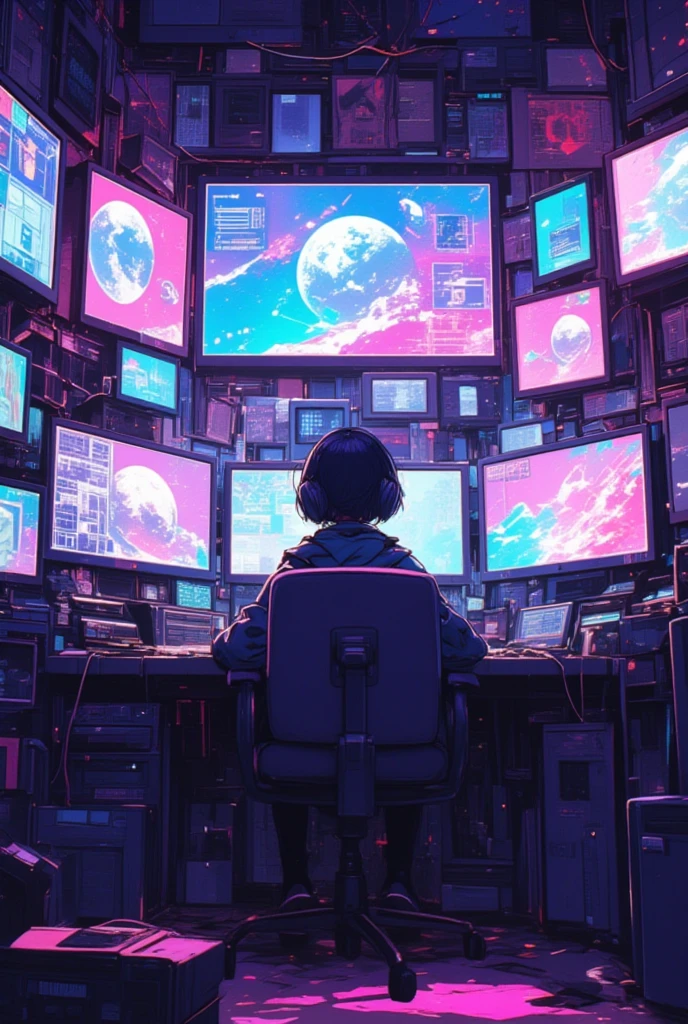  Woman Sitting on a Chair in Her Room Full of Monitors on the Wall , Her Teenage Room Filled with Computer Monitors Without Gaps,Decorative Space Paintings   , Gameplay screenshots  ,   colorful dystopian futurism,   Retrofuturistic Digital Painting, Fantastic anime  ,  ビデオ  game screenshot ,   detailed pictures of virtual worlds  ,    Colorful in Futuristic Hues   ,   Promotional Art  ,   game screenshot ,  neon color