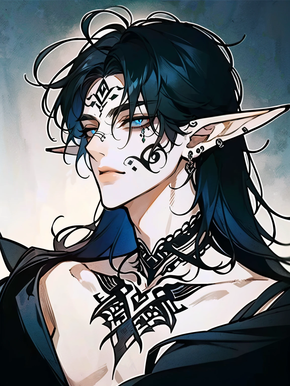 (portrait:1.3), Designed by NTY, (Best quality, 4K, 8K, high resolution, masterpiece:1.2), A charismatic and intense figure with a rugged, rebellious energy, (piercing eyes, black sclera, vibrant blue pupils:1.5), sharp and magnetic, (naked torso:1.3), exuding confidence and mystery, (black hair:1.3), short and slightly tousled, with a glossy, jet-black finish, complementing his edgy appearance, (facial tattoos:1.5), intricate and symbolic, etched with precision, enhancing his enigmatic persona, (elf ears:1.3), pointed and subtly detailed, adding a fantastical and mystical allure, Multiple piercings: a septum ring, eyebrow bar, and ear cuffs, shining with metallic accents, amplifying his edgy and unconventional style, A dark, tailored jacket with a modern urban edge, featuring subtle metallic accents and asymmetrical designs, hinting at a futuristic aesthetic, Layers of textures and sharp contrasts in clothing, mixing leather and matte fabrics, suggesting both practicality and style, A bold silver chain around his neck and minimalistic rings on his fingers, adding a touch of rebellion, The background softly lit with urban neon hues, casting a moody yet striking ambiance, blending shadows and vibrant light, creating depth and atmosphere, Highly detailed illustration in a photorealistic or stylized digital art form, blending contemporary street style with a futuristic edge, showcasing the man's stoic yet fiercely captivating expression, enhanced by his elf-like features, intricate piercings, and hauntingly vivid blue pupils set against deep black sclera.