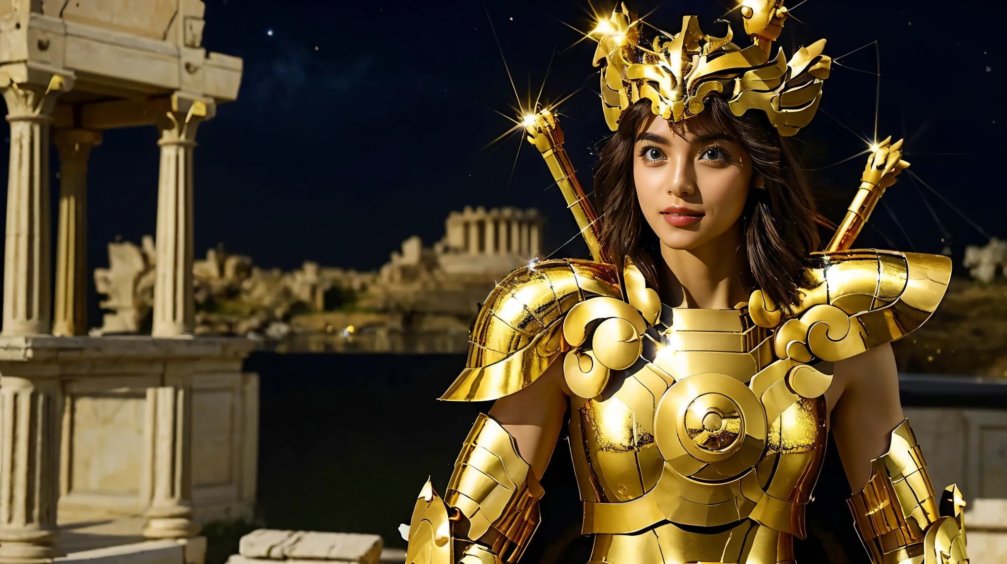 (( one beautiful woman )),((disheveled short brown hair)), ((( Sparkling golden metal armor ))),  ultra-realistic photography with cutting edge detail, Against the backdrop of the ruins of the 12 Greek palaces,Saint Seiya Armor, ((Cancer Armor)), (( beautiful eyes)), Every detail, 美しい face with details, walking at the  ancient Greek ,  ancient Greek , Super high resolution, 8k,  Milky Way, Night Sky, ( wear a golden metal helmet), Sexy Armor 