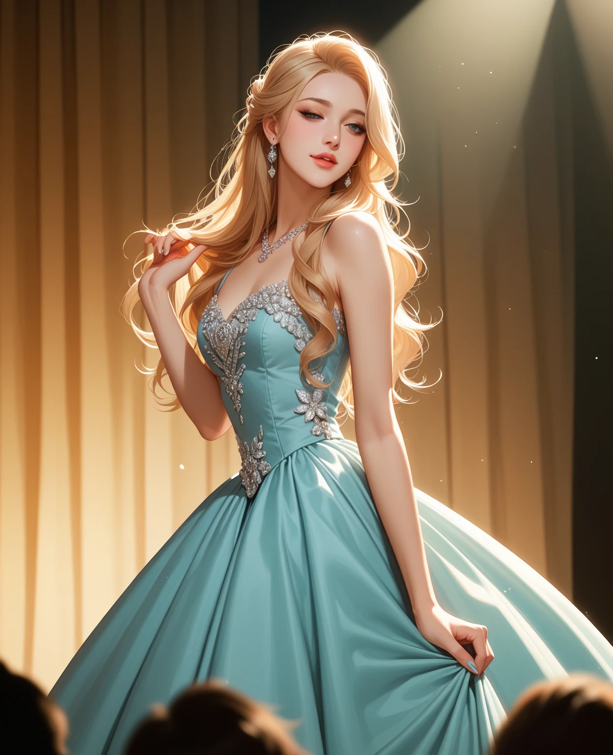 Photo-realistic standing female figure with blonde hair, green eyes, blue dress, golden accessories.