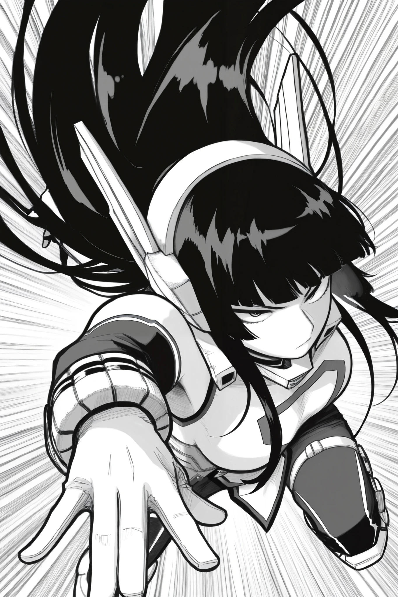 score_9, score_8_up, score_7_up, score_6_up, score_5_up, score_4_up, Kohei Horikoshi, My Hero Academia
BREAK
(masterpiece: 1.0), best quality, monochrome, greyscale, crosshatching, directional hatching, gradients in shading, perfection, highly detailed hatching /texture/,
BREAK
1girl, Asian, hime cut, dynamic pose, foreshortening, hero outfit, high angle, black hair,