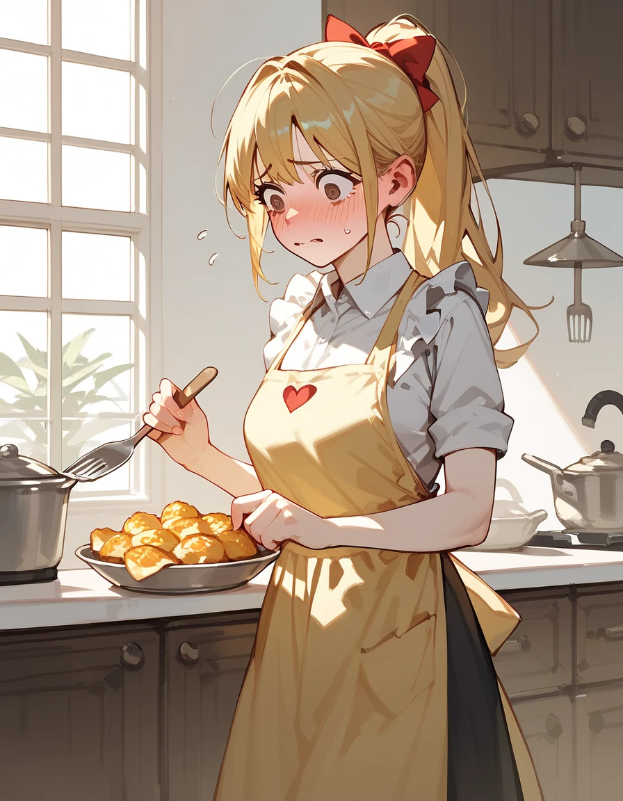 score_9, score_8_up, score_7_up, source_anime, 1girl, solo, looking at viewer, smile, <lora:VelvetOS:1> velvetOS, veil, apron, jeans, large breasts, long hair, blonde hair, kitchen, cooking