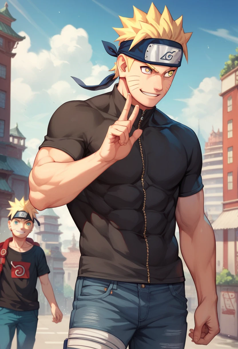 Naruto, 1boy, black bodysuit, tomoe \(symbol\), yellow eyes, symbol-shape pupils, gold hair, headband, facial mark, black shirt, short sleeves, muscular, denim pants, outdoors, smile, looking away, city, sunny