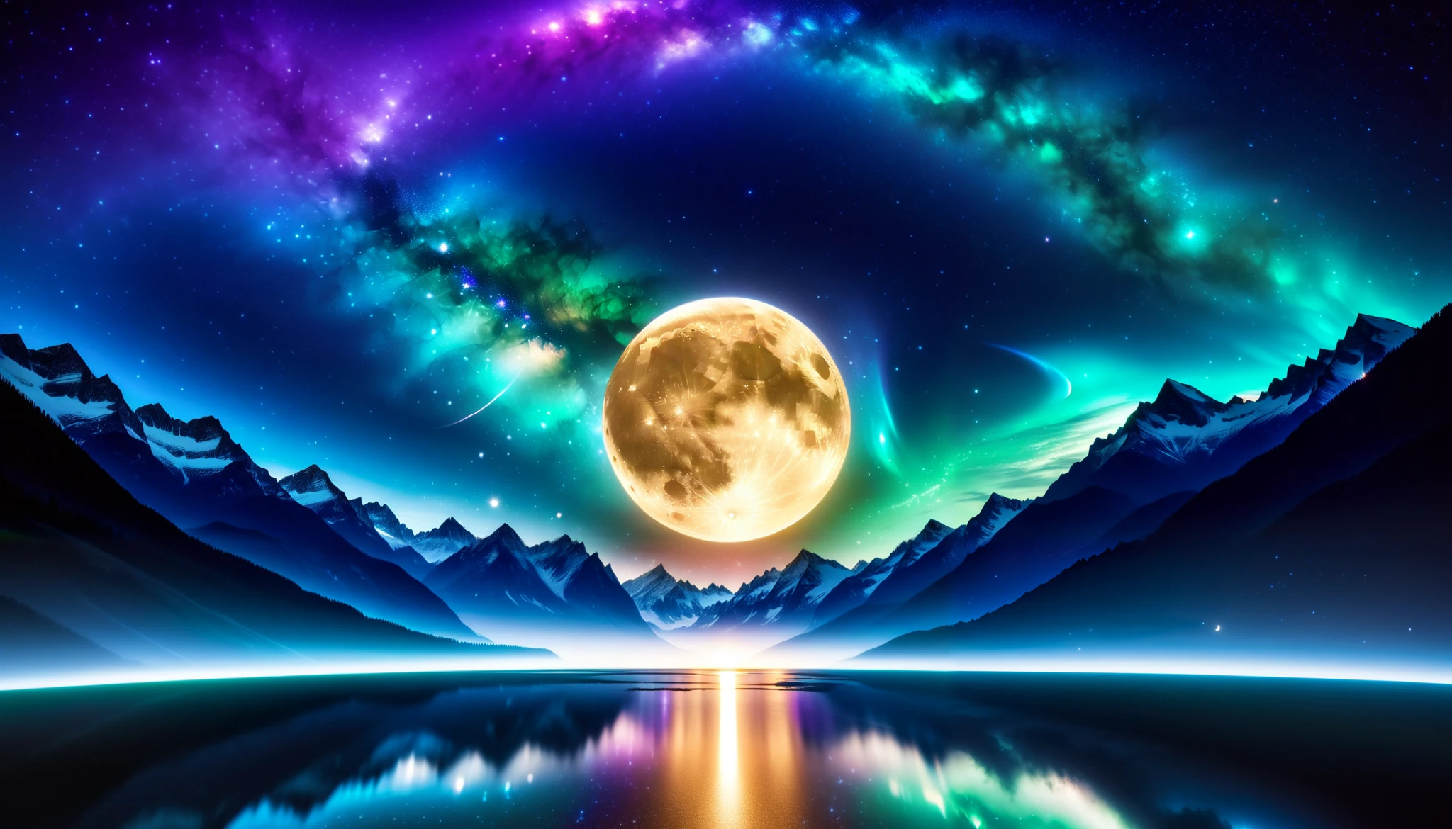 (greenく光る巨大な月), super high image quality, high definition , High Quality ,Detailed Scenery ,Night Sky,（Milky Way Galaxy）,The Alps,The giant moon and stars moving to the lake々, Beautiful Artistic Illustrations, Ultramarine, green,  Purple , black, Majestic Atmosphere,Mystical Moon,