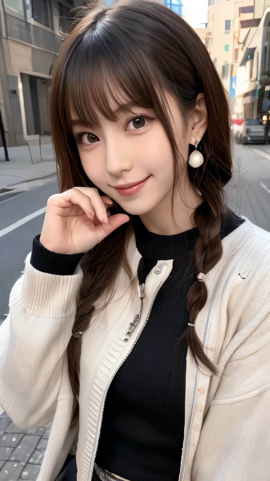 A close up of a woman with long hair wearing a black top and a white ...