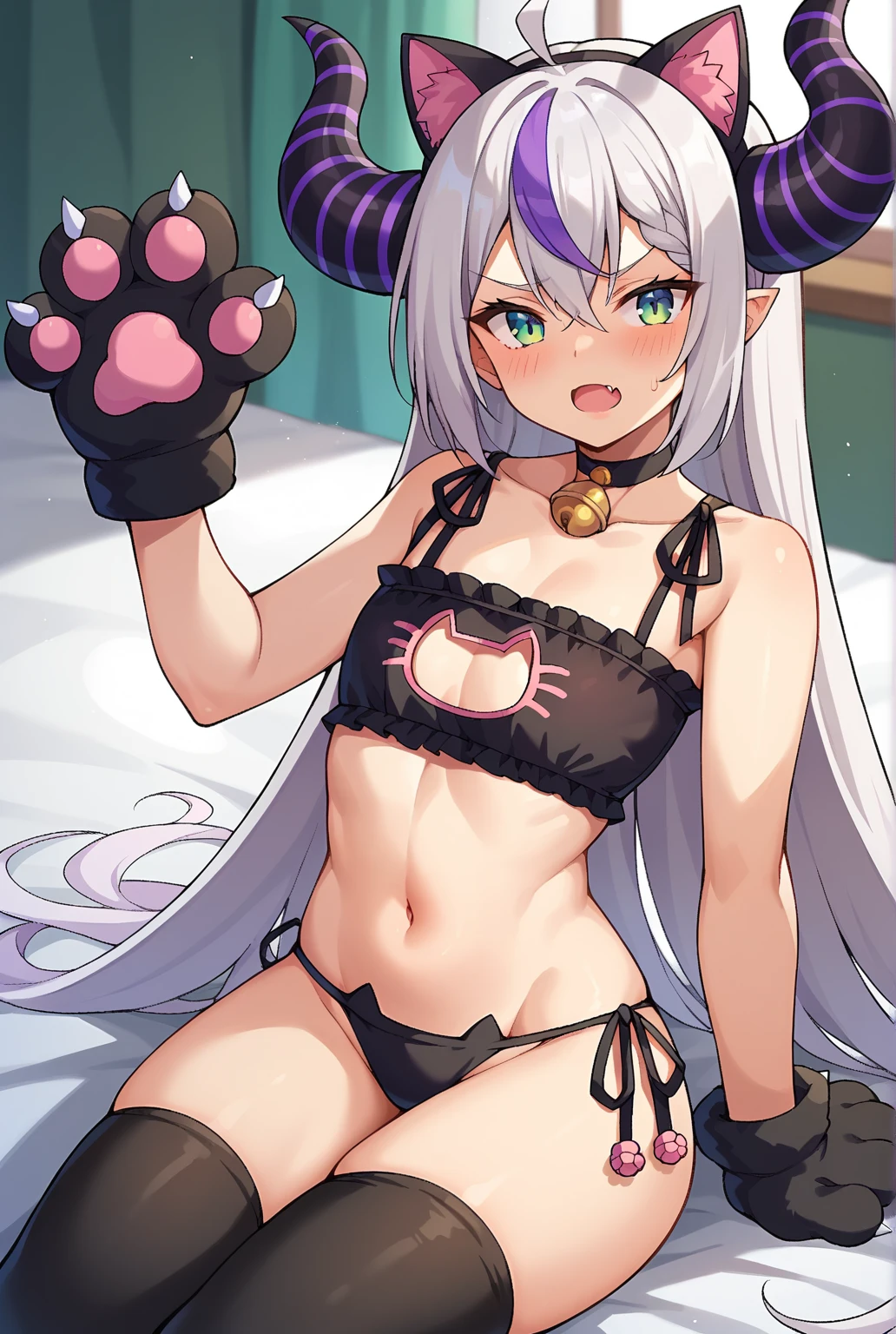 score_9, score_8_up, score_7_up, source_anime, masterpiece, 1girl, ct_l4plus , Big horn, huge horns, black and purple striped horns、flat chest, skin fang, blush, 

Black Cat Lingerie, cat lingerie bra, cat lingerie panty, fake Black cat ears, choker, Neck bell, big Black cat paw gloves, black thigh-high socks