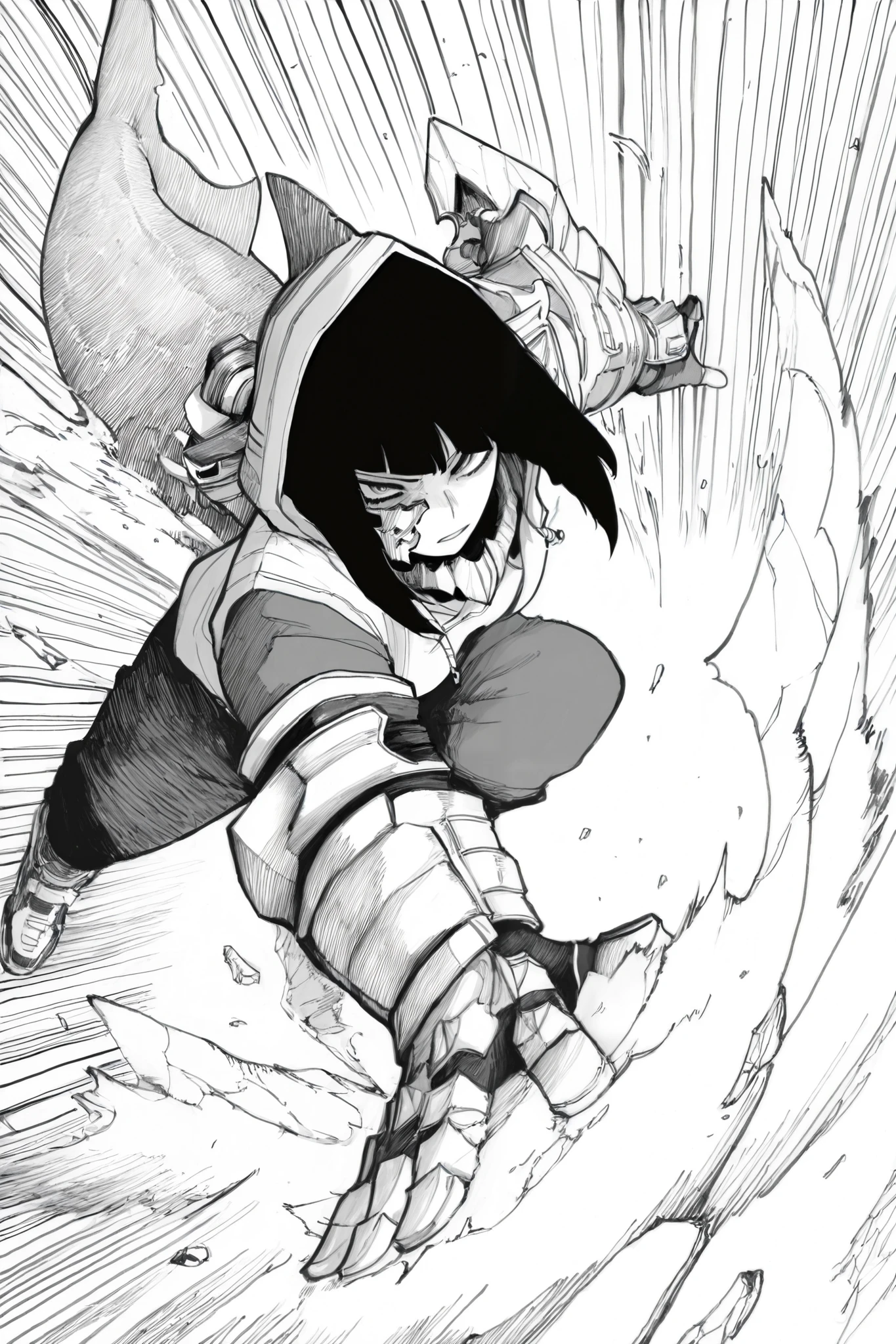 score_9, score_8_up, score_7_up, score_6_up, score_5_up, score_4_up, Kohei Horikoshi, My Hero Academia
BREAK
(masterpiece: 1.0), best quality, monochrome, greyscale, crosshatching, directional hatching, gradients in shading, perfection, highly detailed hatching /texture/, 
BREAK
1girl, Asian, inverted bob, dynamic pose, foreshortening, finned gauntlets, shark fin hoodie, half mask, action pose, , high angle, black hair, 