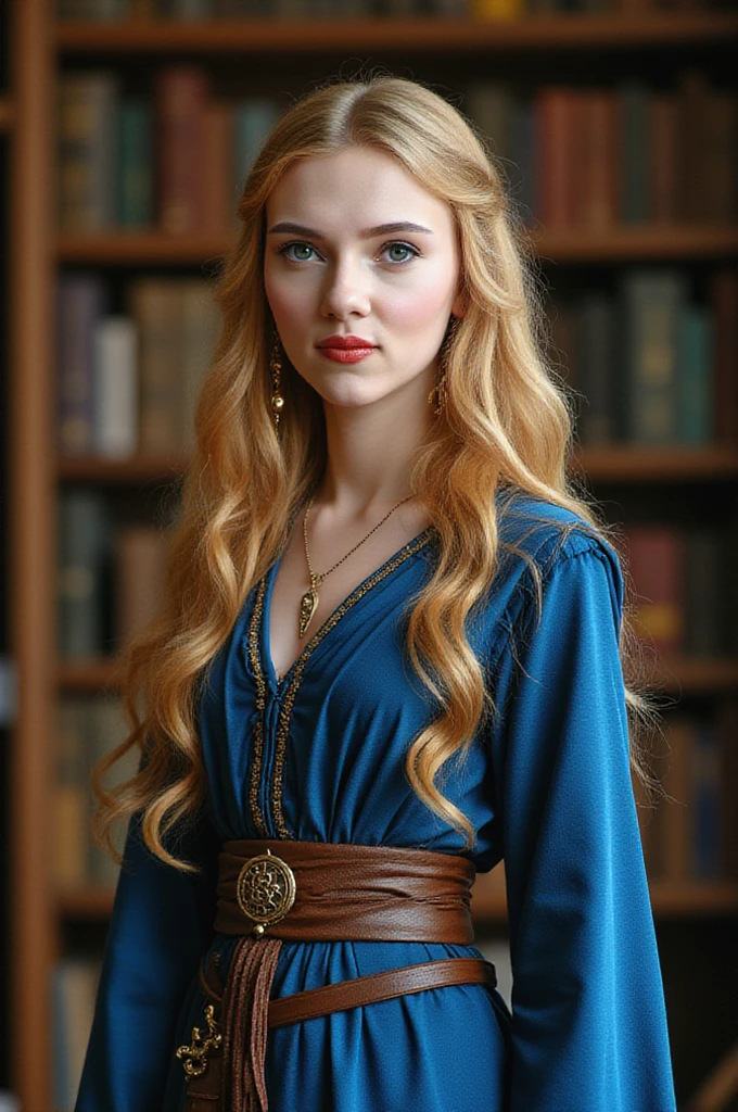 Strong mage human girl, pale skin, innocent, gray eyes, long blonde copper hair, wearing a blue tunic finely decorated, holding a spellbook, belt with a dagger, pentacle necklace, fantasy library background. high quality, lord of the rings style. magic. 