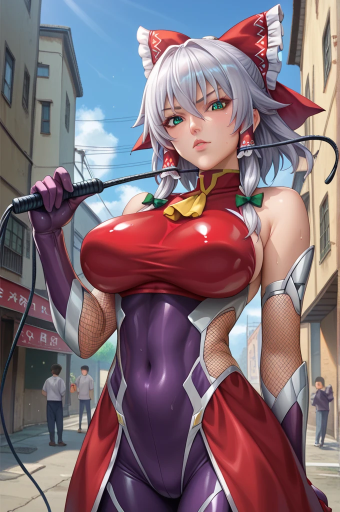  interruption source _Anime, viewers sweat a lot, 1 girl, bangs, underbust,  THIG-LENGTH SOCKS,large breasts, (taimanin suit), (two breast), , dark alleyナイトシティ,  taimanin suit, body suit, beautiful detailed eyes, ガニ股, latex, leotard, SM , whip, black bondage, Izayoi sakuya, silver hair, Hakurei reimu,