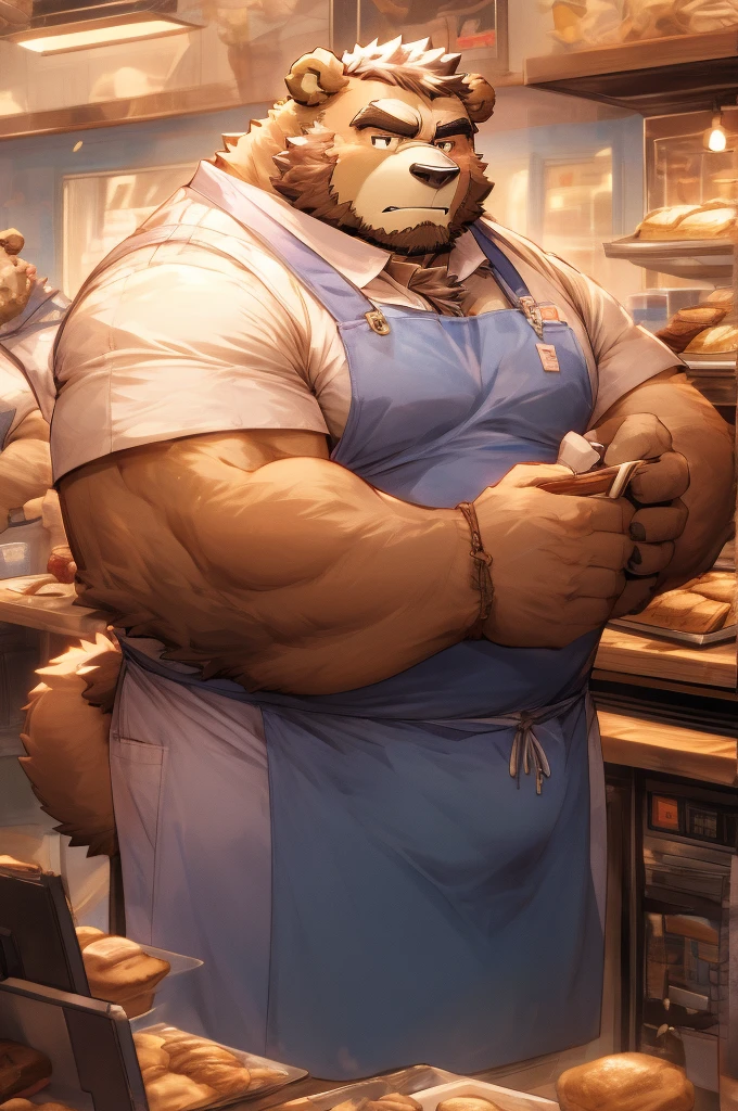lindong, lucusold, a man with a huge muscular and fat bear making a bread, kitchen , ((muscular, musclegut, big belly)), chef uniform, thicc, giant and muscular, danbooru and artstation, heavy detailed, insanely inflated hips, proportionally arms, commission for high res, detailed but rough, semirealistic:1.3