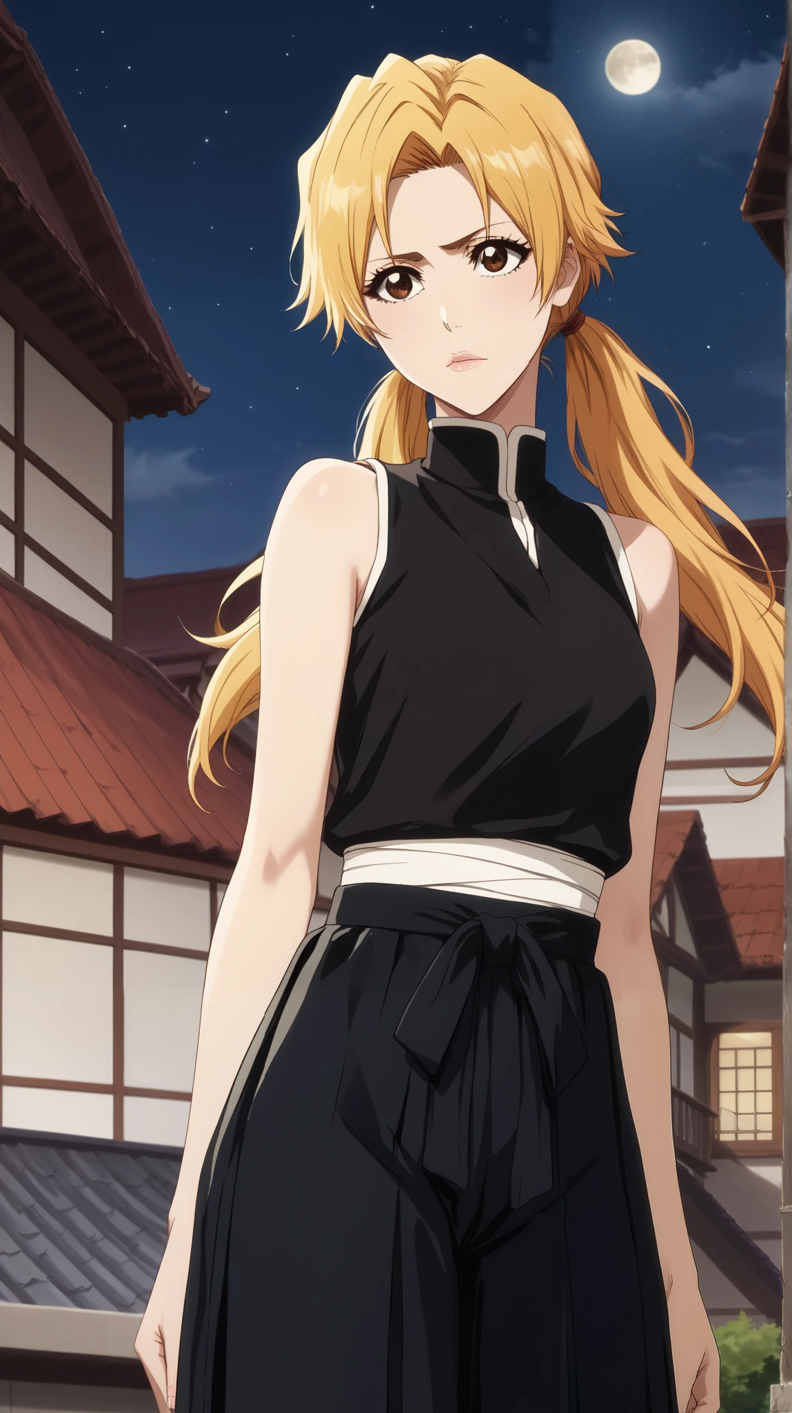 1 girl of fifteen years old  ,  young girl, One,   shinigami from the anime bleach  .
appearance:   brown eye  ,   long straight light yellow hair,   hairstyle with two blonde hair ponytails ,  tails behind the head  , black clothes шинигами, sensual lips,  closed mouth  ,  blond hair  ((black kosode  ,   sleeveless black hakama  , black clothes синигами, sleeveless)) black clothes,   black clothes  , black clothes синигами, (((  black clothes  ))) 
  standing on the roof of a tall building  ,   tall white house orange tile roof ,   girl standing on the roof of a tall house , orange tile roof , Night, moon, большая жëлтая moon за спиной девушки,   hair develops in the wind , white haori is draped over my shoulders
