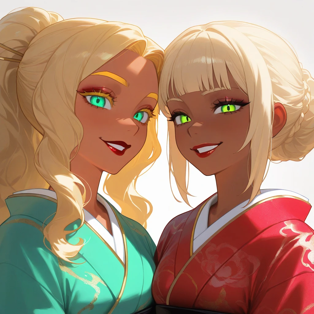 OC, female, semi realism, dark tanned skin, red lips, blonde eyebrows, perfect face, long wavy light Ashe blonde hair with bang, half-closed Green eyes, evil smile, red glamorous, sweet aesthetic, sexy kimono, mystic luminescent, sexy,