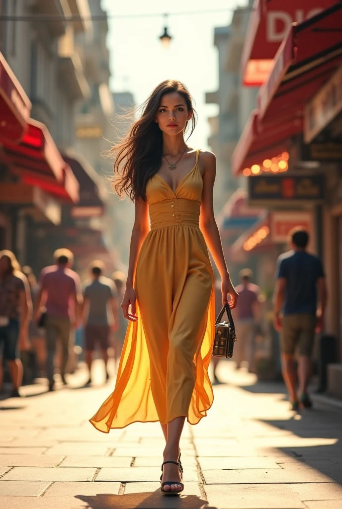 Lateral pont of view of a beautiful European woman with BROWN hair and ponytail with a little smile, wearing 80´s yellow and white dress, glossy suntan tights, white legwarmers and white HIGH TOP sneakers