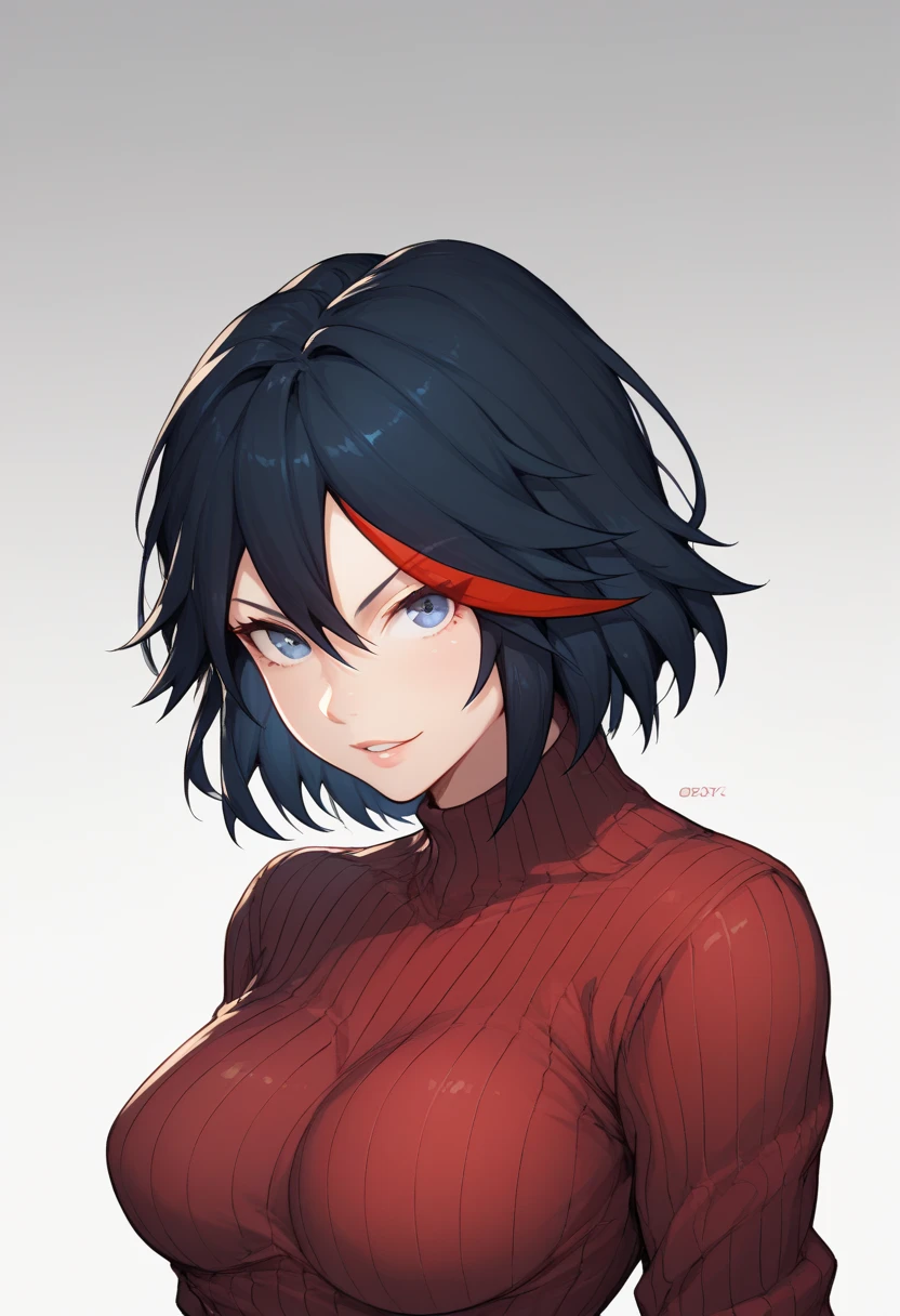 natck, score_9, score_7_up, 1girl, solo, black hair, ribbed sweater, gradient background, grey background, portrait, looking at viewer, matoi ryuuko