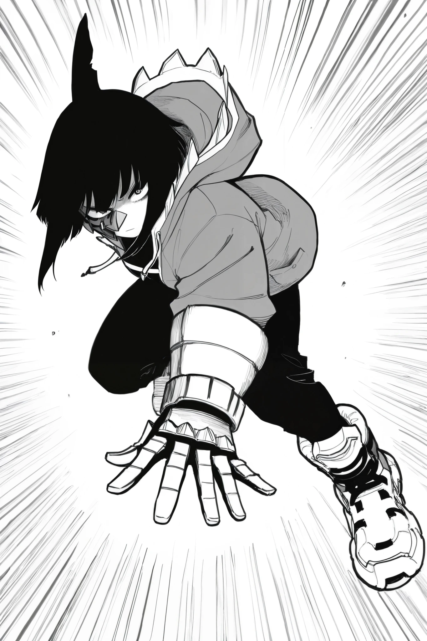 score_9, score_8_up, score_7_up, score_6_up, score_5_up, score_4_up, Kohei Horikoshi, My Hero Academia
BREAK
(masterpiece: 1.0), best quality, monochrome, greyscale, crosshatching, directional hatching, gradients in shading, perfection, highly detailed hatching /texture/, extremely shaded
BREAK
1girl, Asian, inverted bob, dynamic pose, foreshortening, finned gauntlets, shark fin hoodie, half mask, action pose, , high angle, black hair, 