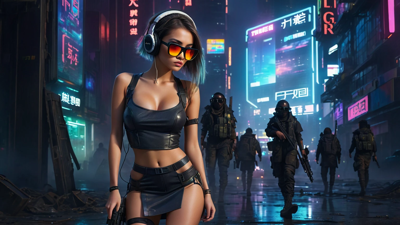 (aerial view, a flying cars docking platform, a very dark abandoned futuristic city, neon lights), rainy night. 1girl, solo, alone, large-breast:1.2 slim body, cleavage:1.1, sexy wind blowing wet dress:1.4, (headphone, black sunglasses), (((((she raised:1.8 a pistol:1.8 and took aim))))), dynamic pose, (((half-body thigh level medium shot))), cinematic lighting, lens flare, ray tracing.