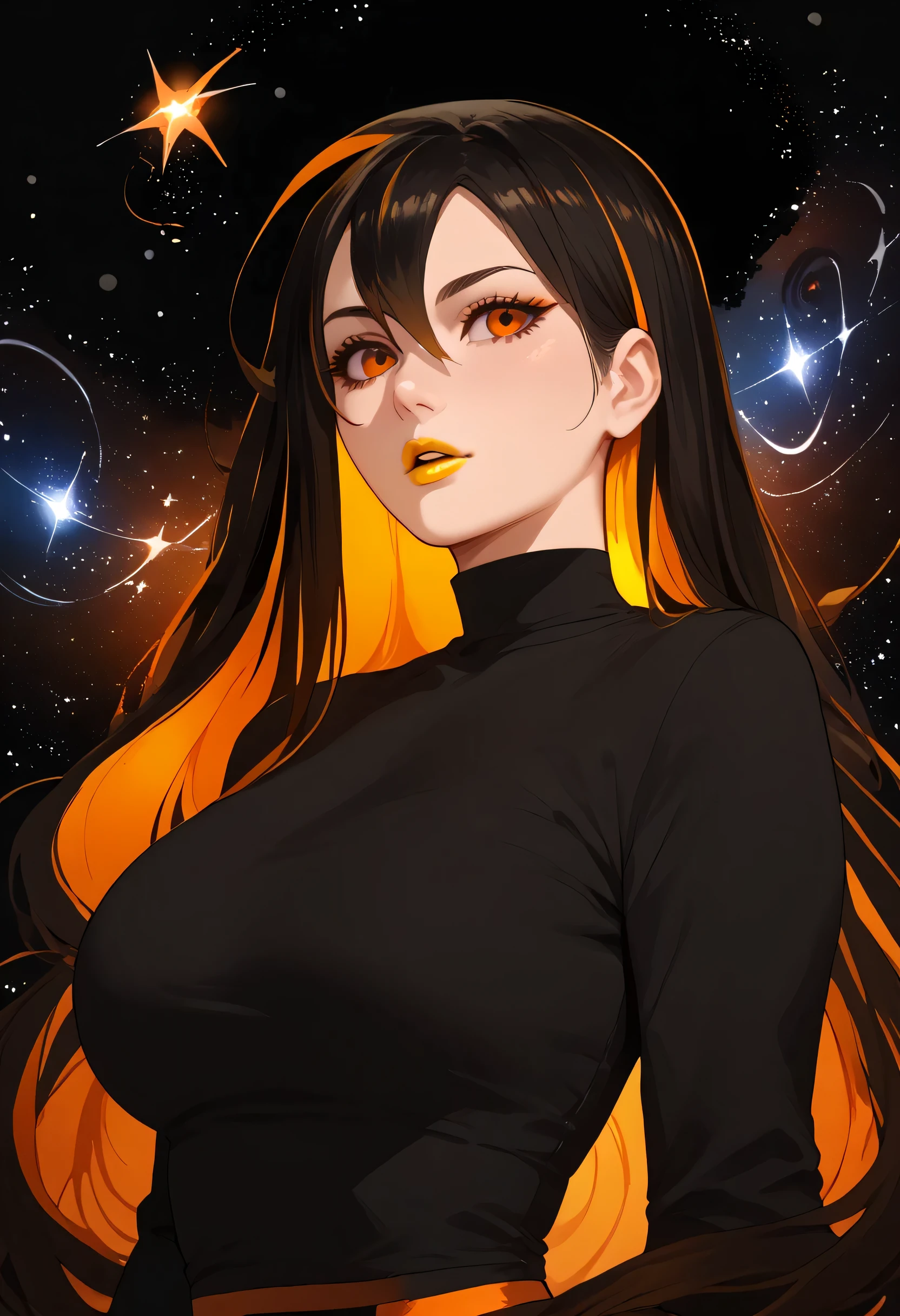 woman, white skin, yellow lipstick, black hair, orange highlights, big breasts, anime style, galaxies, long hair, black eyes, bright orange eyes, black clothes, galaxy background, Black Hole-chan, Black hole