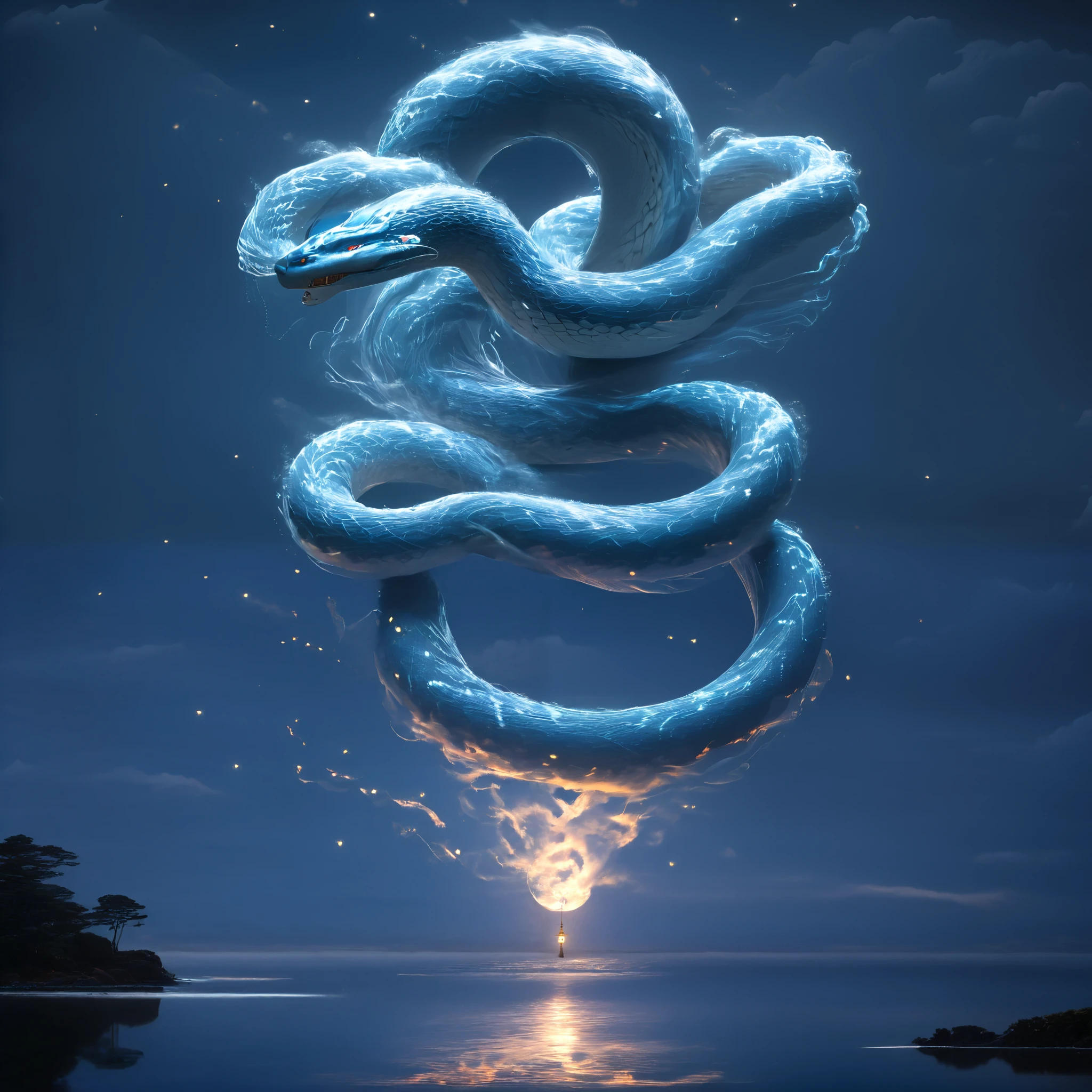 A quiet Japanese-style shrine stands on a small island in the middle of a lake. The lake reflects the sky like a mirror. A young woman standing in front of the shrine, wearing a loose robe, looks like an incarnation of water. The woman looks up at the sky beyond the lake. A huge, single white snake is flying slowly through the sky. The snake slowly approaches her as if watching over her and stares into her eyes. Together with the moonlight reflected on the lake, a mystical moment envelops the world. The image quality is excellent, with natural soft lighting, very detailed and realistic. Ultra High Resolution, Top Quality, SLR Camera, (Live Action Movie Scene), Very Detailed, Realistic Lighting, Fujifilm XT3,
