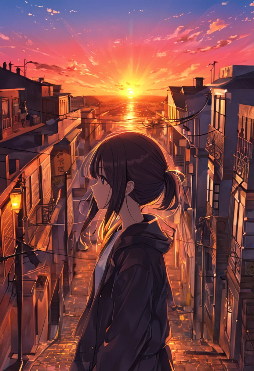 a girl ,sunset sky