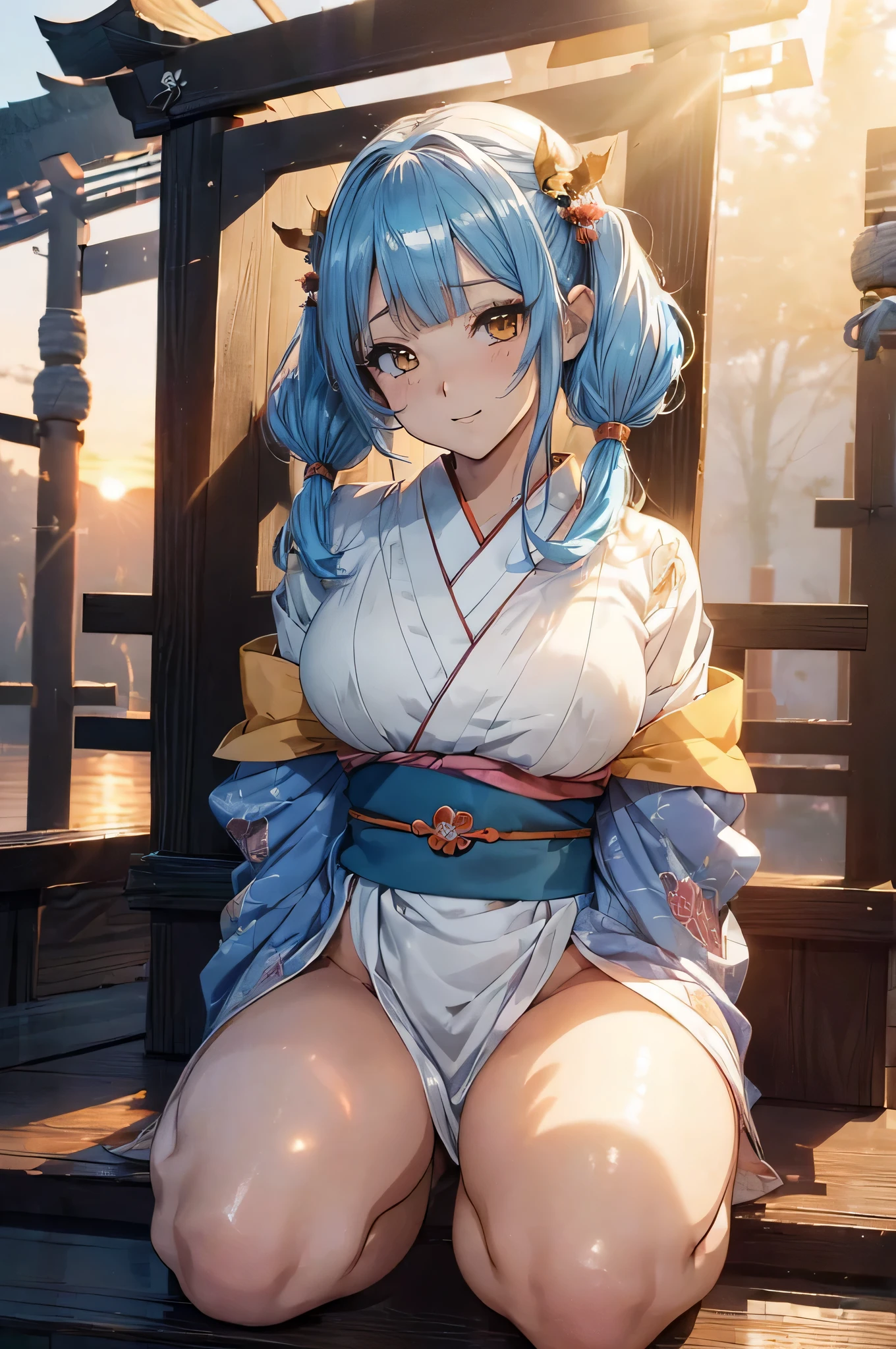 8K、top-quality、Masterpiece、An ultra-high picture quality、ultra-detailliert、Super beautiful、animesque、Ultra-realistic flesh feeling、full bodyesbian、Bewitching look、shave ice、Off-shoulder blue yukata、Beautuful Women、Long blue hair、poneyTail、Blue eyes、shinny skin、Very gigantic-breasts、red lace brassiere、extremely big ass、shinny skin 、The background is a Japanese-style room in the daytime --auto --s2