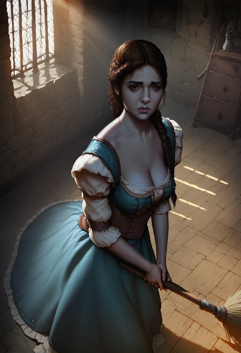 portrait of a cute pregnant medieval servant girl standing in room, rating_safe, score_9_up, score_8_up, score_7_up, uncensored, s, chambermaid, closeup, masterpiece, sweeping with broom, realistic breasts, detailed, pale skin, perfect face, 1girl, solo, Long brown hair, braided Hair, shabby tattered medieval peasant dress, dramatic lighting, sun rays, deep cleavage, castle room background, portrait on the wall, standing pose, sweeping floor, girl looking at floor, sad expression, view from above