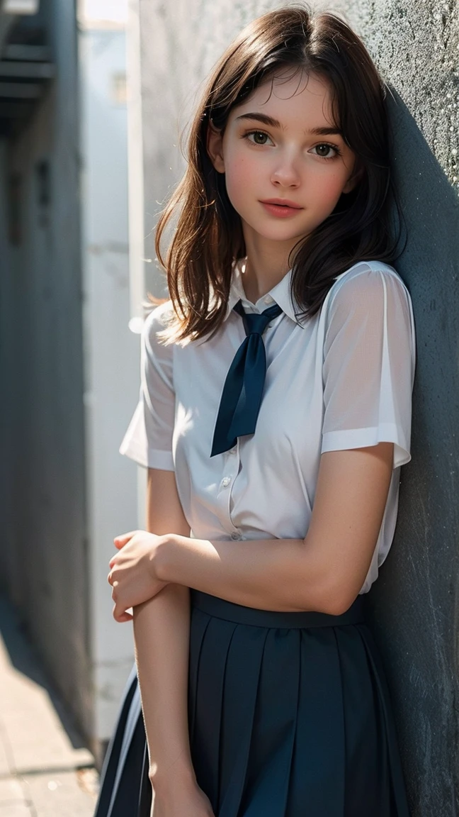 ((Best quality, 8k, Masterpiece, ultra detailed, ultra high res, photorealistic, raw photo, absurdres, absolutely resolution:1.5)), pretty woman, 1girl, slender abs :1.5, dark brown hair, smile, bob cut, large breasts, (NSFW:1.3, collared white shirt, ribbon tie, half undress:1.5, tartan check skirt, ), ultra-detailed face, highly detailed lips, detailed eyes, double eyelid