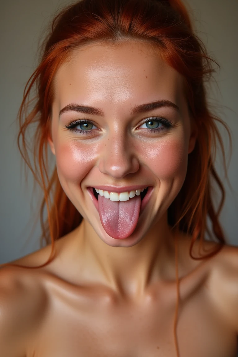 portrait of face, ((((supermodel face)))), redhead, long ponytail, dark blue eyes, , [lips slightly parted to reveal perfect teeth and tongue out], smiling , ultra high quality, very detailed (skin pores, blemishes, tiny freckles) , (cum on mouth), very realistic 4k professional picture, barefaced