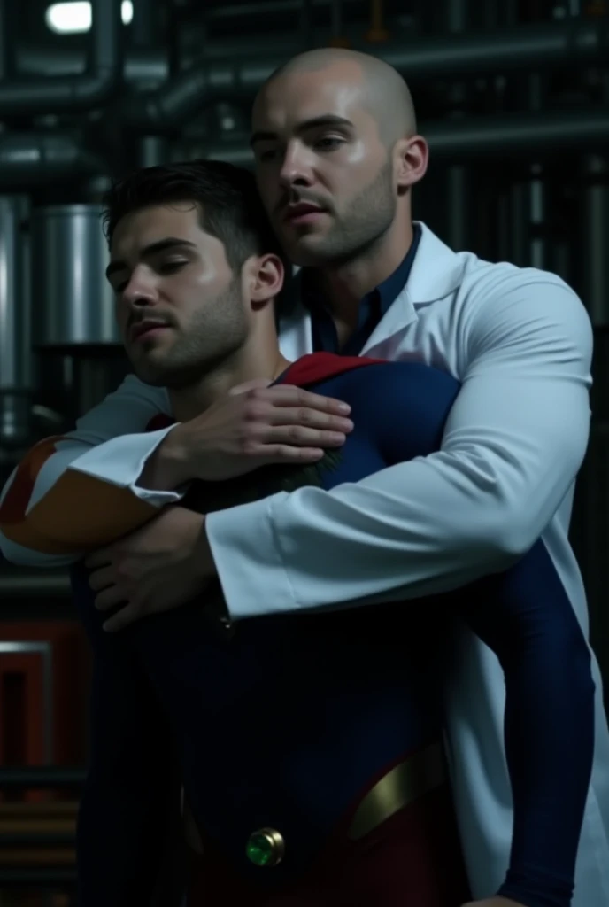 two men in a dimly lit industrial setting. The man on the left is bald, wearing a white lab coat, and has a serious expression. The bald man huggs Cody Christian from behind, Cody Christian, who is dressed in a blue Superman costume with a red cape, a glowing emerald green crystal pendant hanging from his neck. The superhero has dark hair and a beard, and appears unconscious or weakened, with his head tilted slightly upward resting against the other man's chest and his eyes closed. The setting includes industrial pipes and machinery, adding to the tense atmosphere. The lighting is moody, with shadows accentuating the scene's intensity.