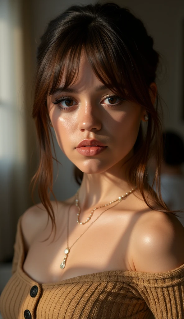 Breathtaking over the shoulder shot photography of ohwx looking at viewerRibbed knit crop top with sweetheart neckline and buttons , necklace, eyelashes, fine hair detail, entire hairstyle visible, perfect eyes with iris pattern, sensual lips, nose, (perfectly sharp:1.3), realistic textures, (deep focus on subject, blurred background:1.4), 8k uhd, dslr, ultra high quality image, film grain, Fujifilm XT3